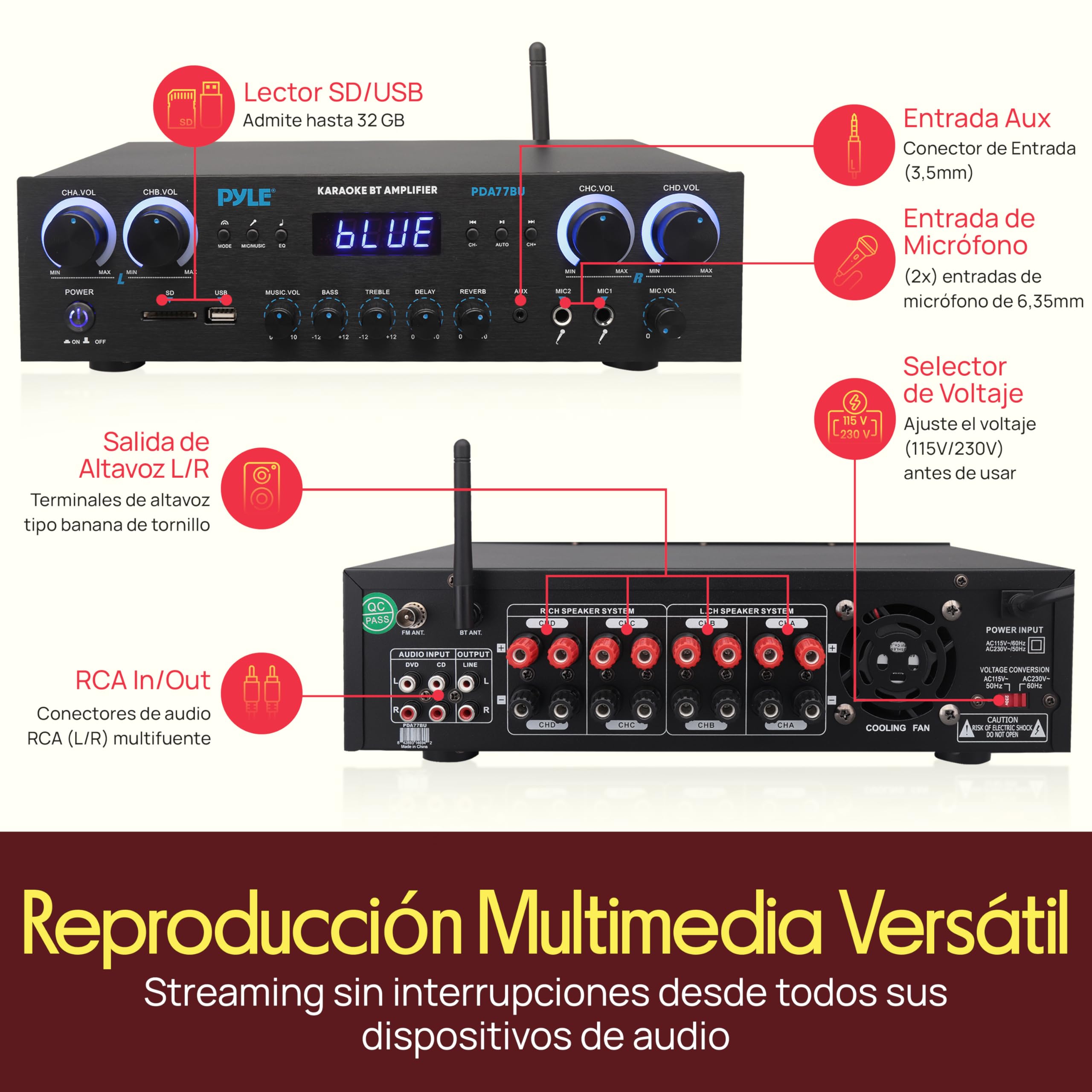 Pyle Amplificador de Cine en casa de 800 vatios, Receptor estéreo con transmisión Bluetooth, Control Independiente de Eco y Volumen de micrófono, MP3/USB/SD/AUX/radio FM