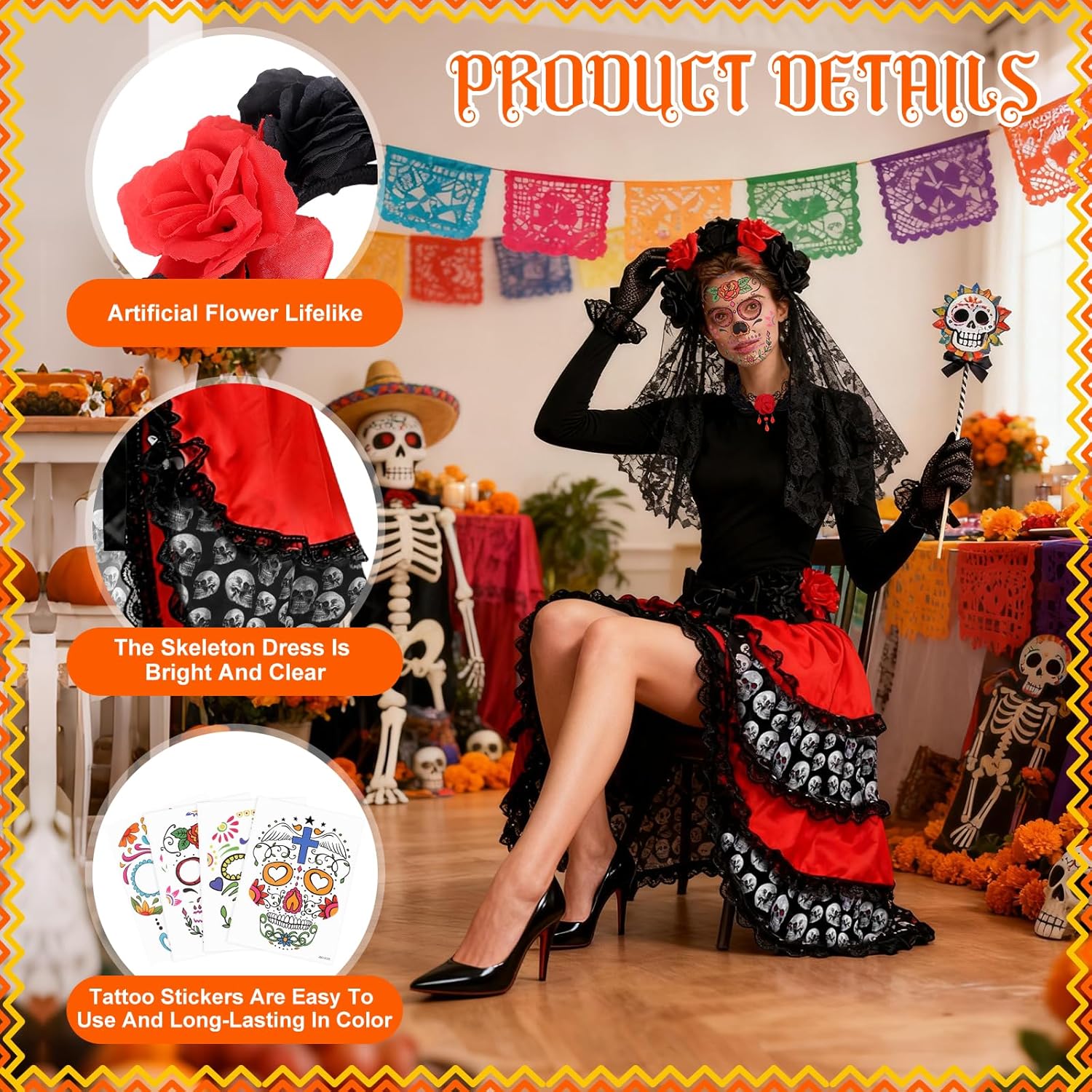 Day of The Dead Costume for Women Dia De Los Muertos Costume Halloween Rose Flower Headwear Tie on Bustle Temporary Face Tattoos Necklace Lace Gloves Halloween Costumes Accessory for Girls - Image 4