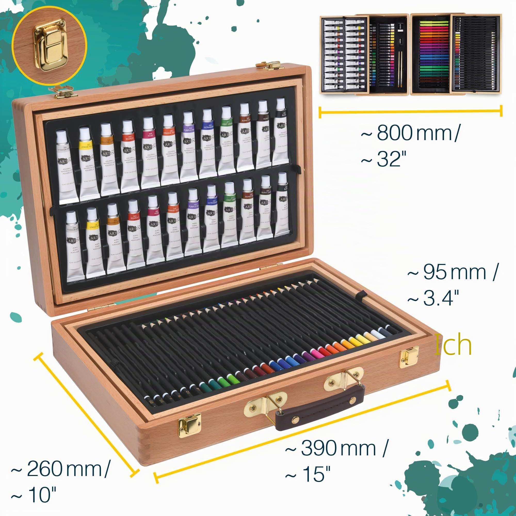 Artina 127tlg Malset Bologna XXL Künstler Set mit FSC Holz Malkoffer – Acrylfarben, Aquarellfarben, Buntstifte, Pastellstifte, Fineliner, Bleistifte - Großes Zeichenset mit Aufbewahrung für Anfänger