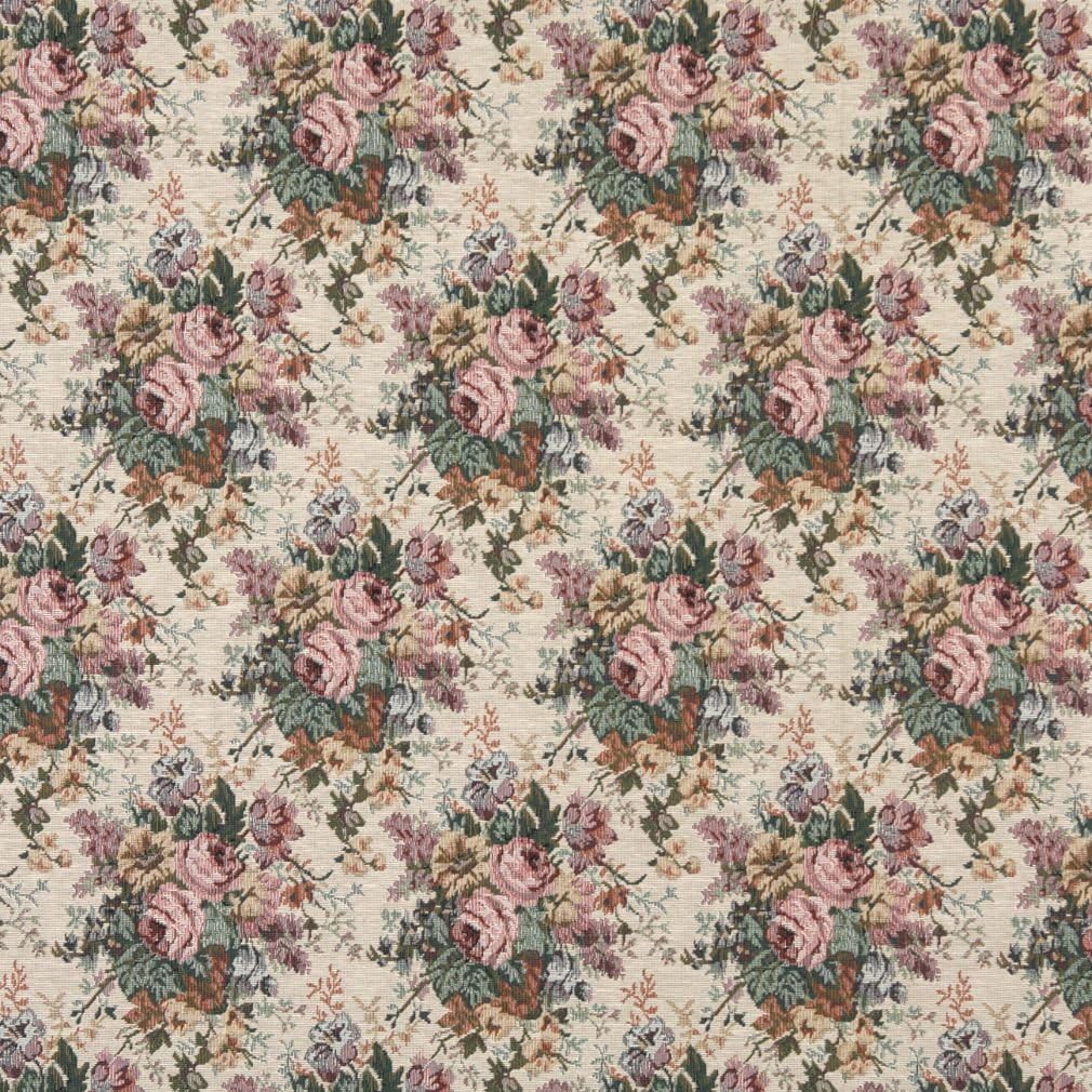 Pink Green and Burgundy Floral Bouquet Tapestry Upholstery Fabric by The Yard - SKU: Domino Antique Rose