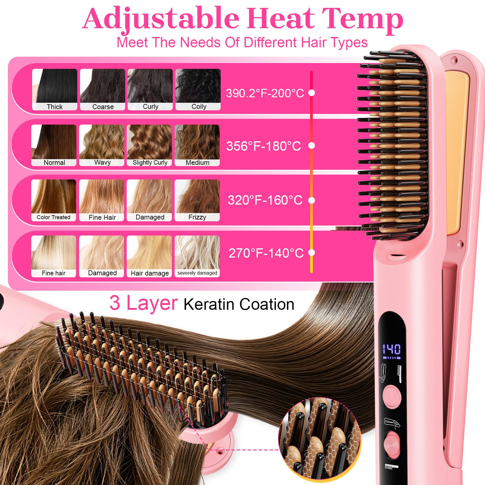 Peine de viaje portátil con calefacción para mujer, cepillo alisador inalámbrico 2 en 1 para alisar y rizar el cabello corto, 4 niveles de temperatura, mini herramientas compactas de peinado para