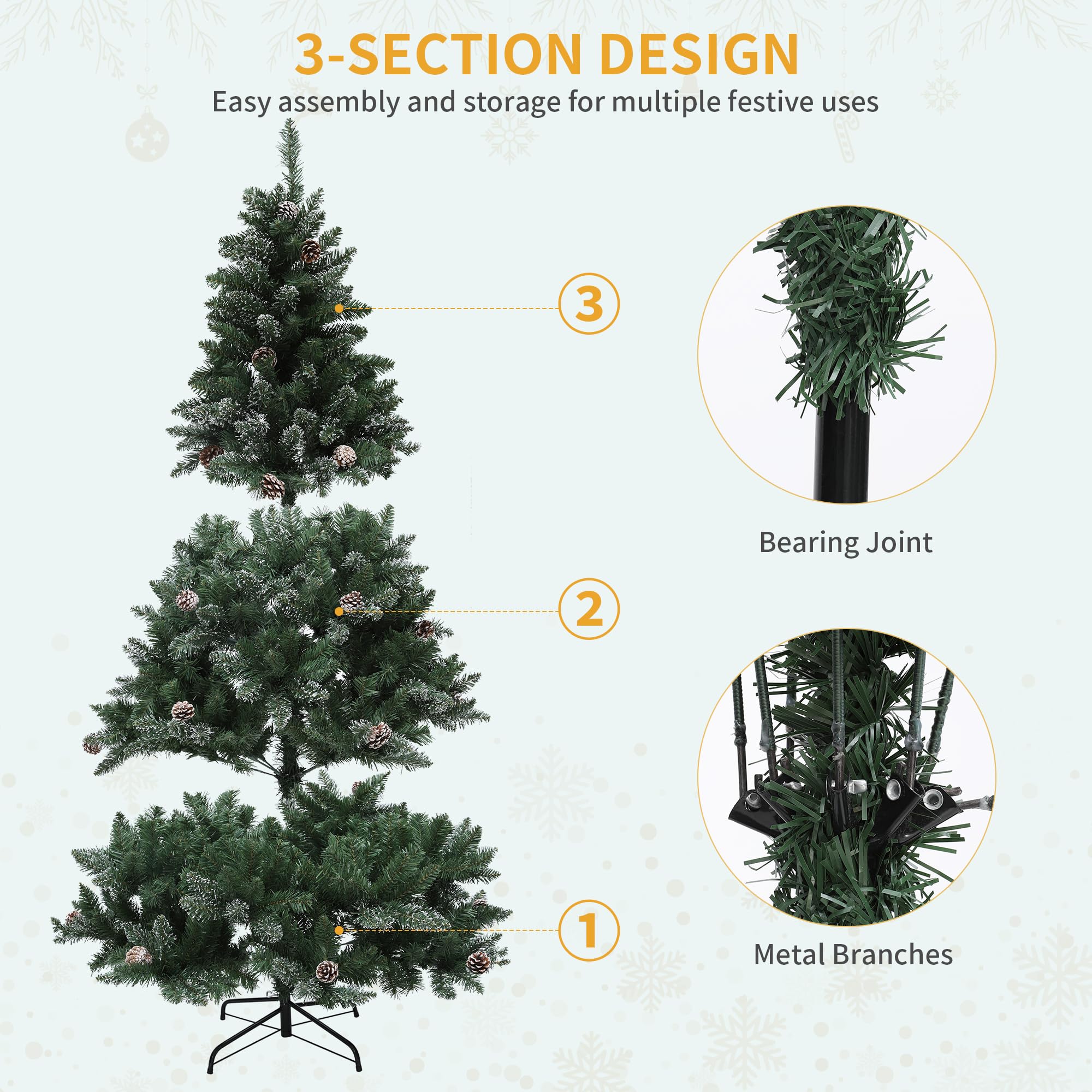 YITAHOME 182cm Künstlicher Weihnachtsbaum mit Schnee & Kiefernzapfen, ca. 880 Spitzen, Naturgetreu Tannenbaum mit Metallständer & Klappsystem, Schnellaufbau für Zuhause Geschäfte, 182 x Φ105cm