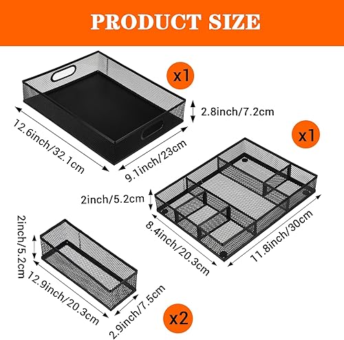 Miniatura 2 de Juego de 4 bandejas organizadoras de cajones de escritorio, organizadores de cajones de escritorio de malla de metal negro y accesorios con