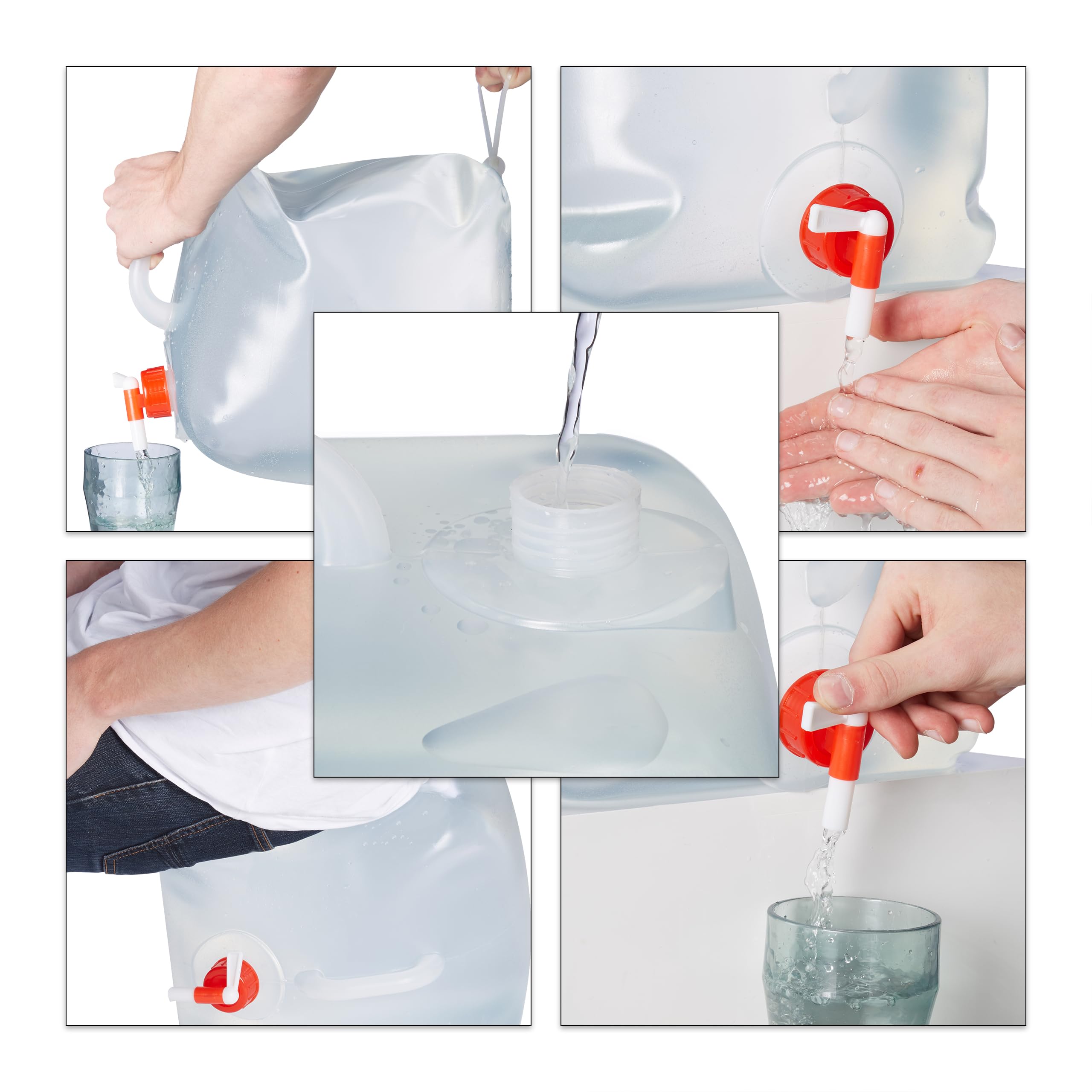 Relaxdays Tanica Pieghevole, Set 4 Contenitori, Rubinetto,Coperchio Svitabile, Manico, BPA-Free, 15 L, Trasparente/Rosso