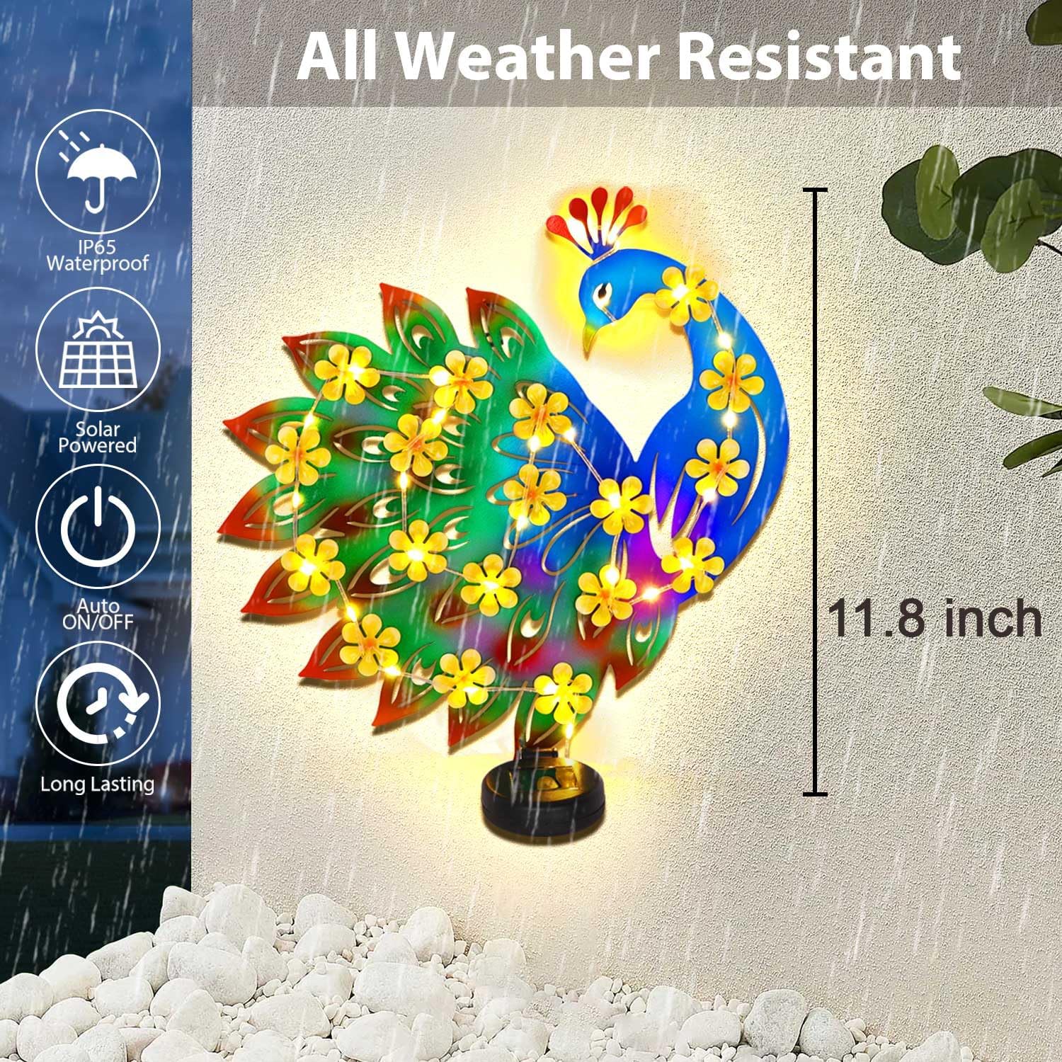 2 Pack Metal Peacock Outdoor Wall Decor with 30 Led Solar Lights- 13.8" Outdoor Fence Wall Art Decor, Gift for Mom Grandma Women Birthday Gardening,Hanging Decoration for Garden Patio Porch Yard