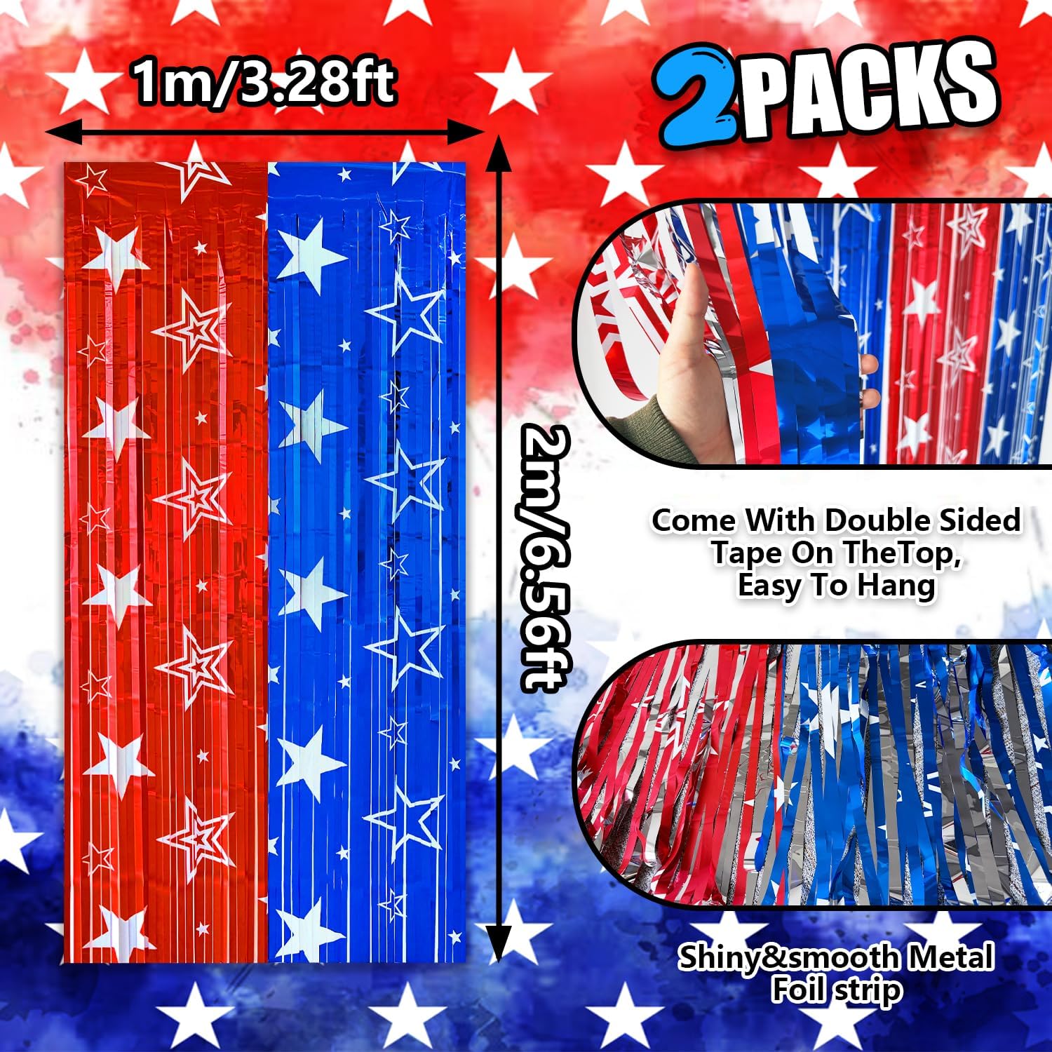 Veterans Day Backdrop Decorations Red Blue Foil Fringe Curtains, 2 Pack