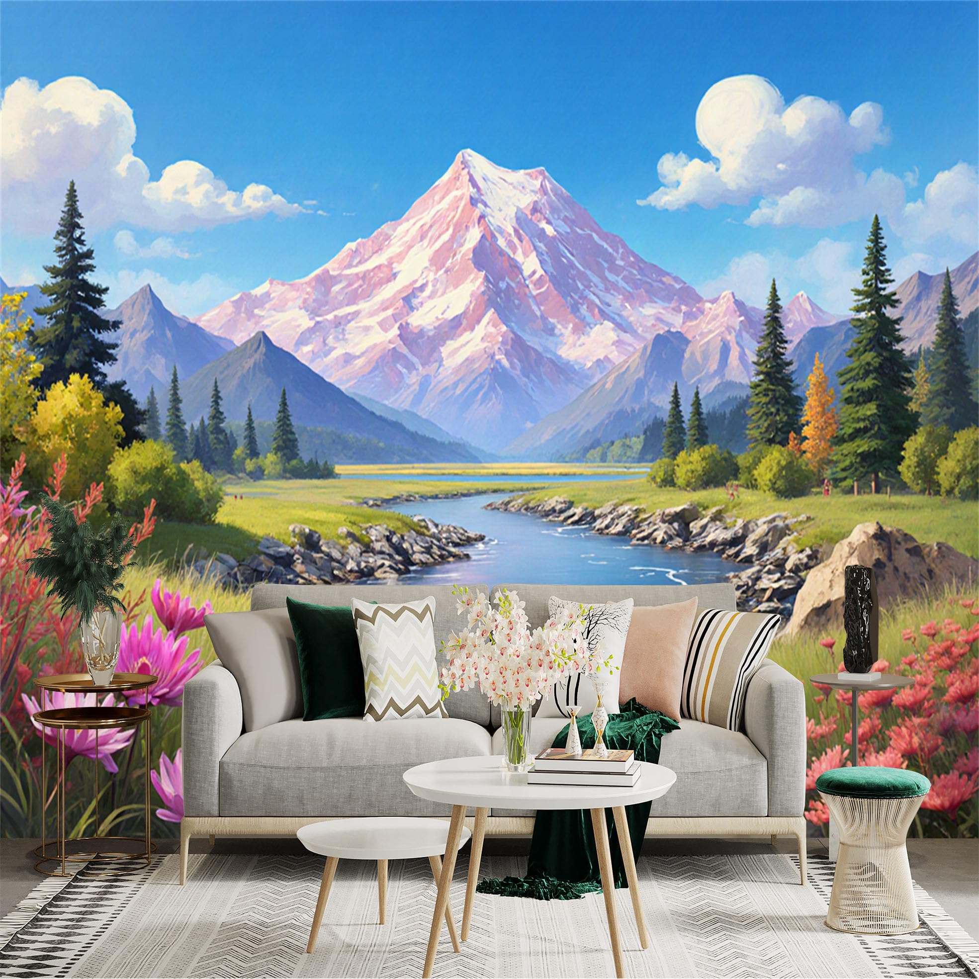 Custom Size Wall Sticker Mural， Snowy Mountain Landscape with River， Pine Trees and Blooming Wildflowers， for wall Decoration， peelandstick wall Decals.