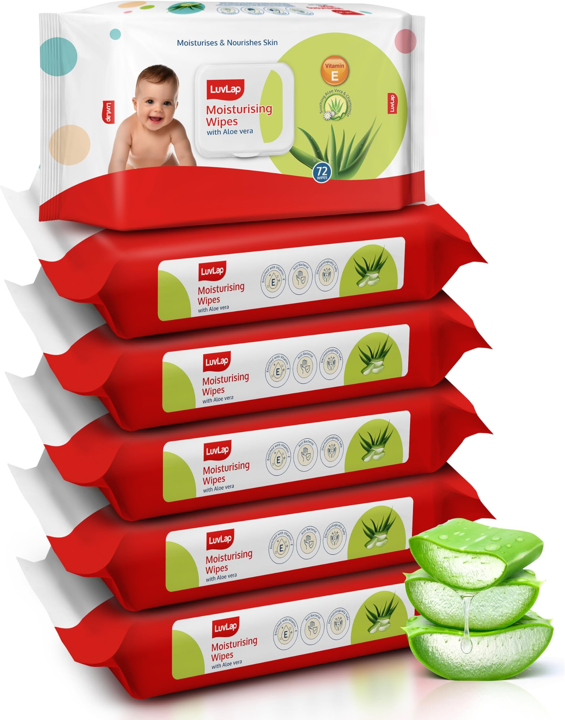 LuvLap Moisturising Wet Wipes with Lid For Baby Skin, Enriched with Aloe Vera, Vitamin E &Chamomile Extract, pH Balanced, Dermatologically Safe, Paraben & Sulphate Free, 72 Wipes, pack of6