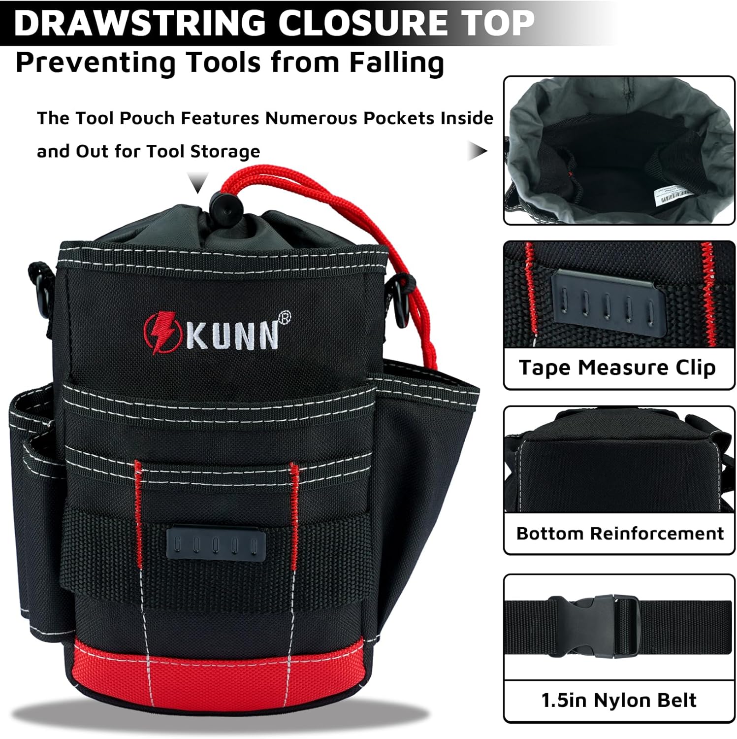 KUNN Electrician Tool Pouch, Drawstring Closure Tool Belt Pouches with Belt Clip for Carpenter, Construction, HVAC - Image 3
