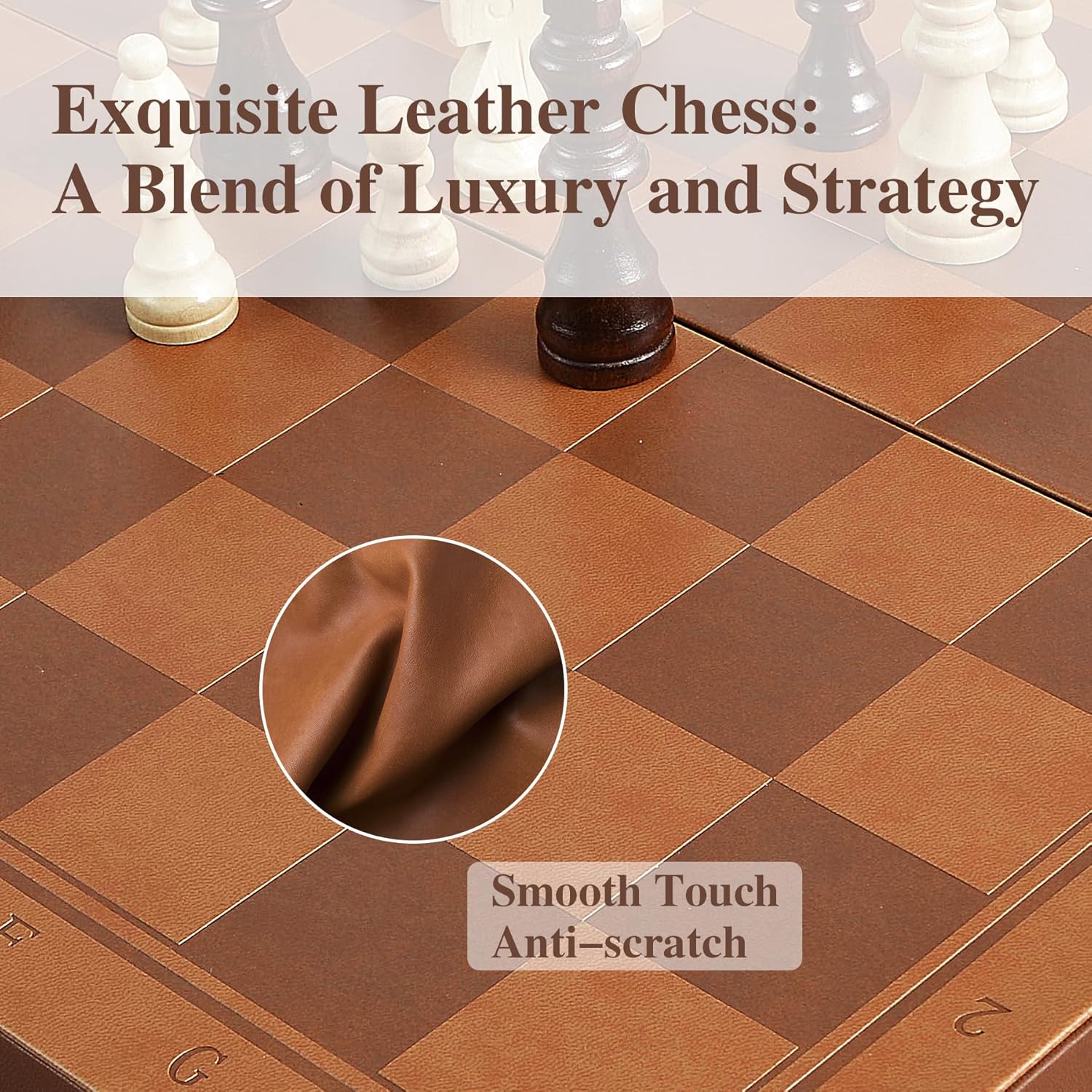 OUMODA Magnetic Chess Set for Adult Kid, 15.4" Leather Chess Board with Handmade Chess Piece Including 2 Extra Queens and Storage Slot, Folding Portable Travel Chess Game for Beginner and Professional