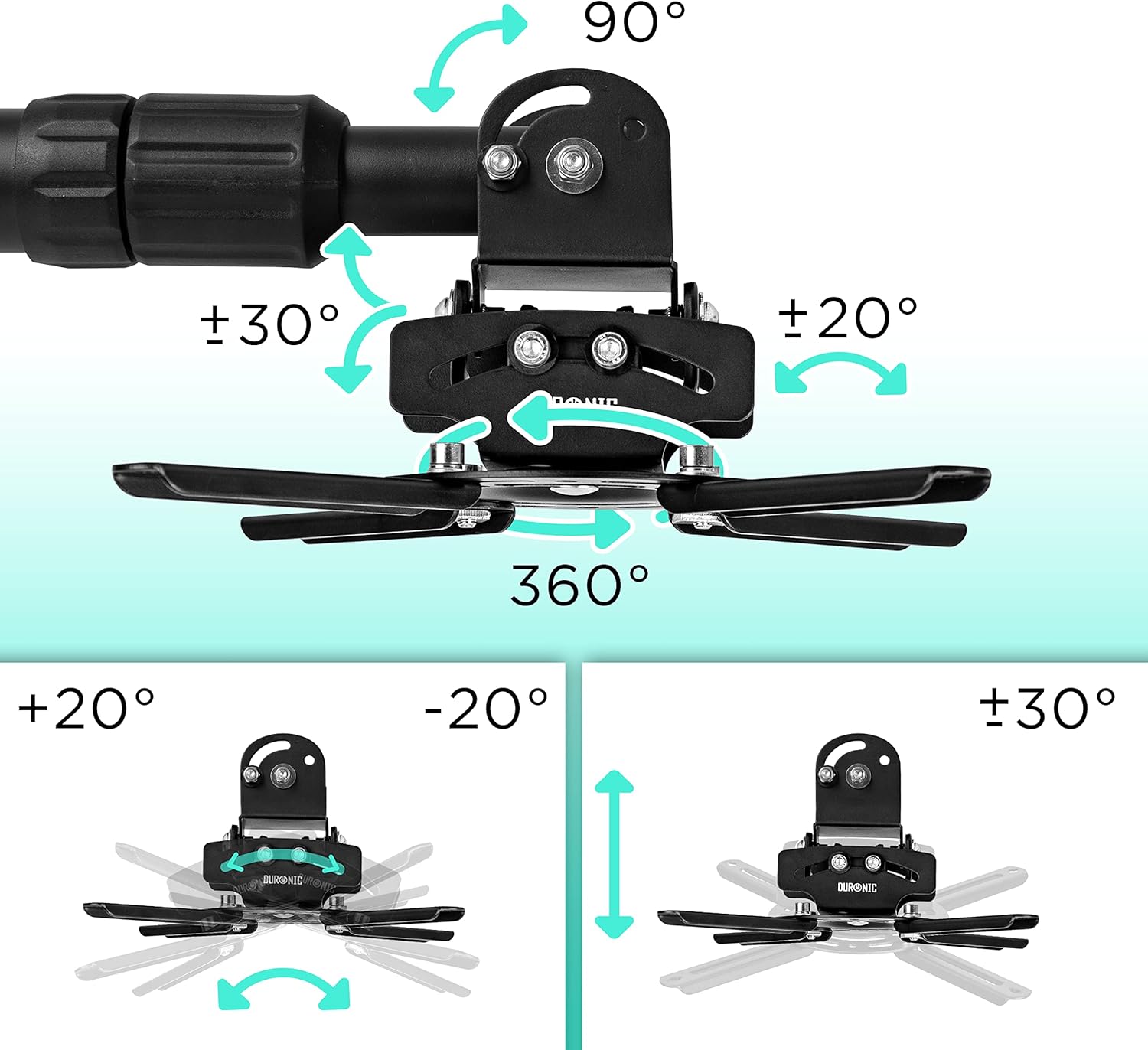 Duronic Projector Mount PB04XL | Bracket Fixing for Ceiling or Wall | 30lbs Capacity | Universal | Heavy Duty | Fittings Included | Rotate 360 °, Swivel 180 °, Tilt 180° for Easy Projection Set-up