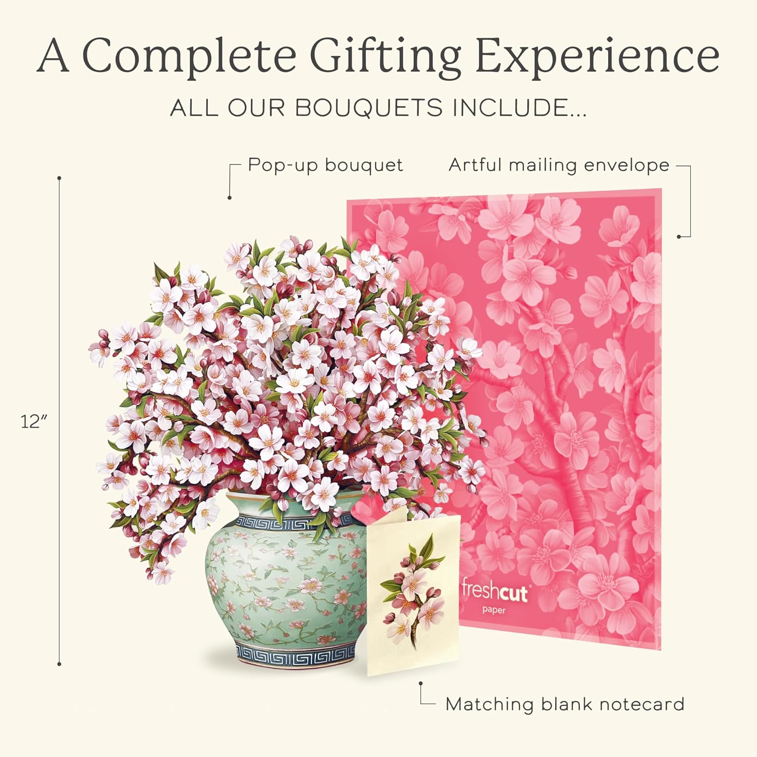 Freshcut Paper Japanese Cherry Blossoms 12 Inch Life-Sized 3D Pop Up Card – Greeting Card, Birthday, Mothers Day, Thank You, Gifts for Mom and Her – Includes Notecard and Envelope
