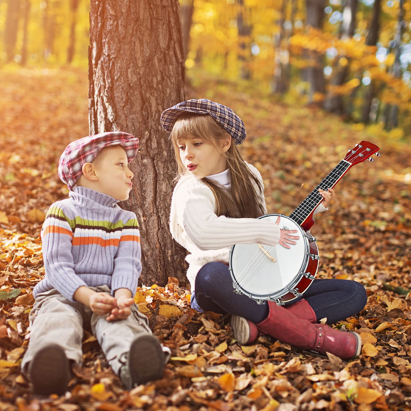 COSTWAY Banjo 4 Cordes avec Tambour Remo et 12 Supports en Acier, Mini Banjo Portable avec Pont en Erable, Accordeur 18:1, Sac de Transport, 62cm pour Débutants et Enfants