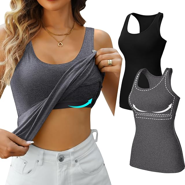 V FOR CITY Womens Shelf Bra Tank Tops Racerback Workout Camis Yoga Shirt Cotton Undershirt 2 Pack