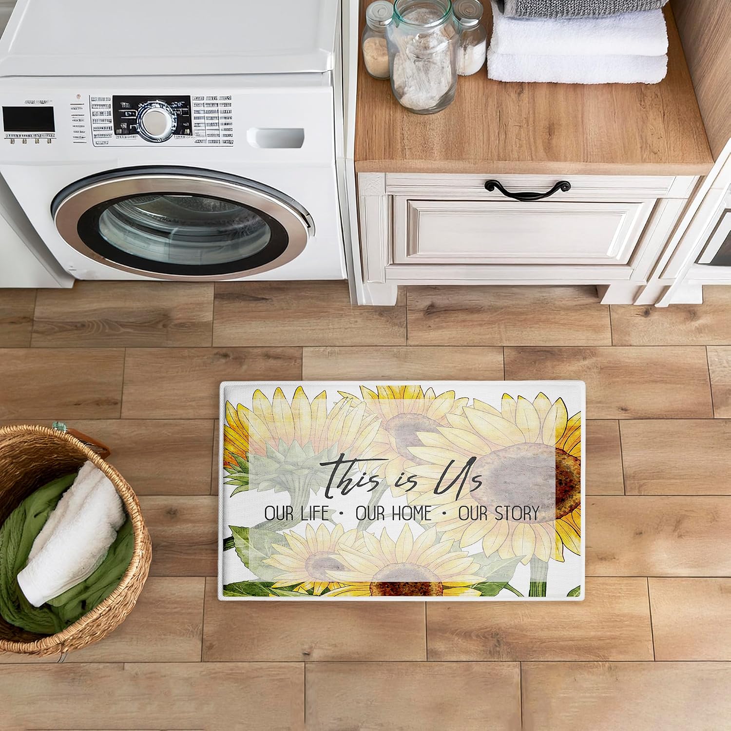 This is Us Sunflower Sentiment Plush Bathroom Mat & Bath Rug, Soft Quick-Dry Non-Slip Bathroom Rug with Recycled Foam Cushion, Inspirational Farmhouse Typography Design by Kim Allen, 18"x30"