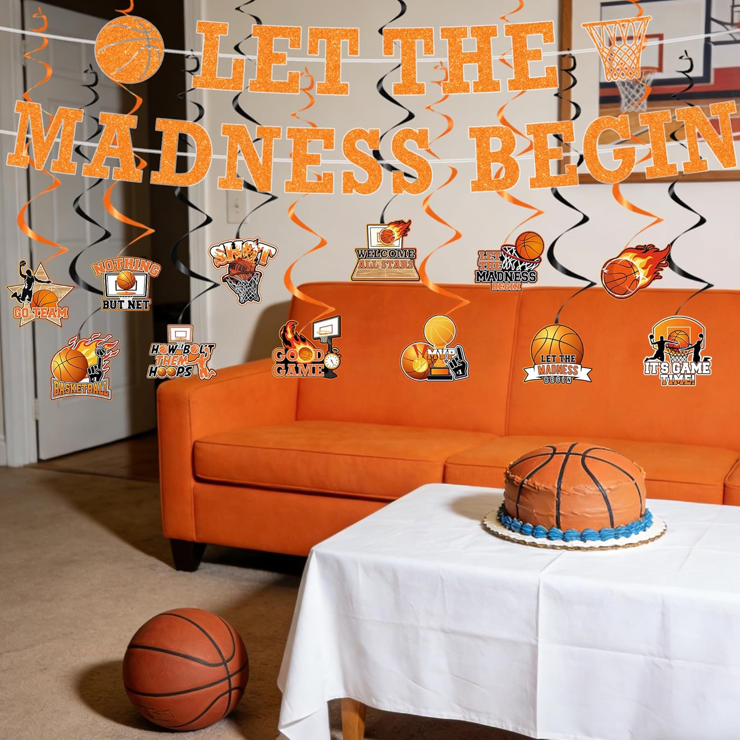 14Pcs March Basketball Party Decorations Basketball LET THE MADNESS BEGIN Banner Hanging Swirls March College Ball Games Sport Theme Party Supplies