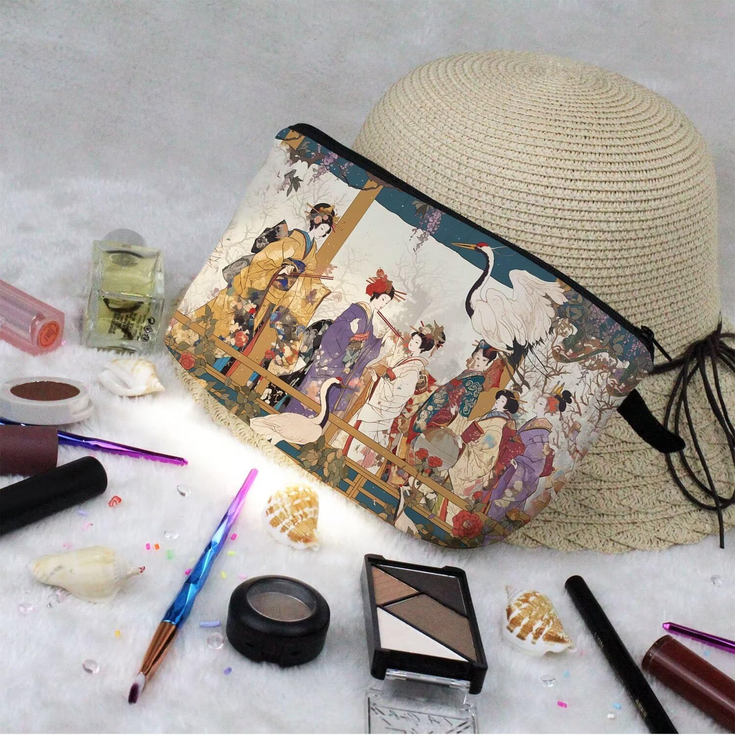 Livel lhood Japanese Geisha Makeup Bag Cute Small Organizer Zipper Pouch Japanese Geisha Cosmetic Bag Birthday Present for Women Friends -1