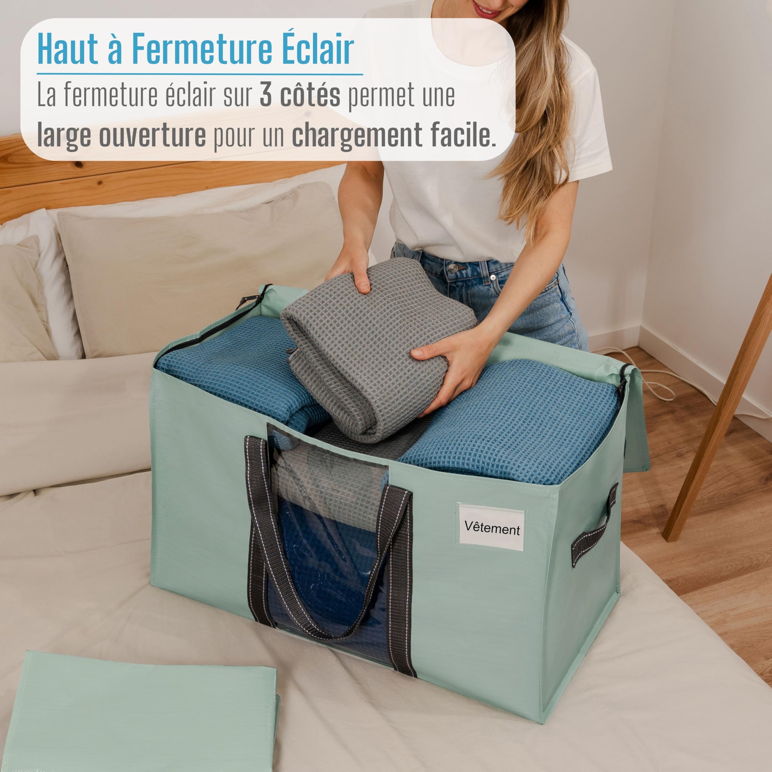 VENO 95 L Sac de Rangement Grand Pliables, Sacs de Déménagement Robustes avec Couvercle et Poignées Renforcées pour le Vêtement, Couettes et Linge de Lit, Sac à Linge(Vert Clair, Lot de 10)