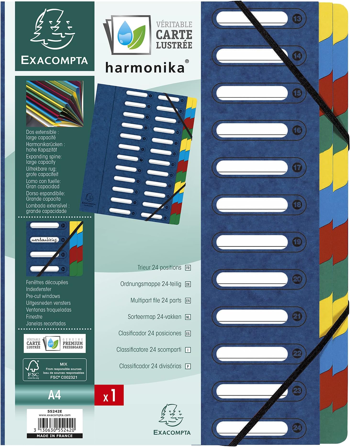 Exacompta Ref - 55242E Harmonika Multipart File, 24.5 x 32 cm for A4 Sized Documents, 24 Tabbed Sections, Expandable Spine, Premium Pressboard Blue Cover with Multi-Coloured Tabs