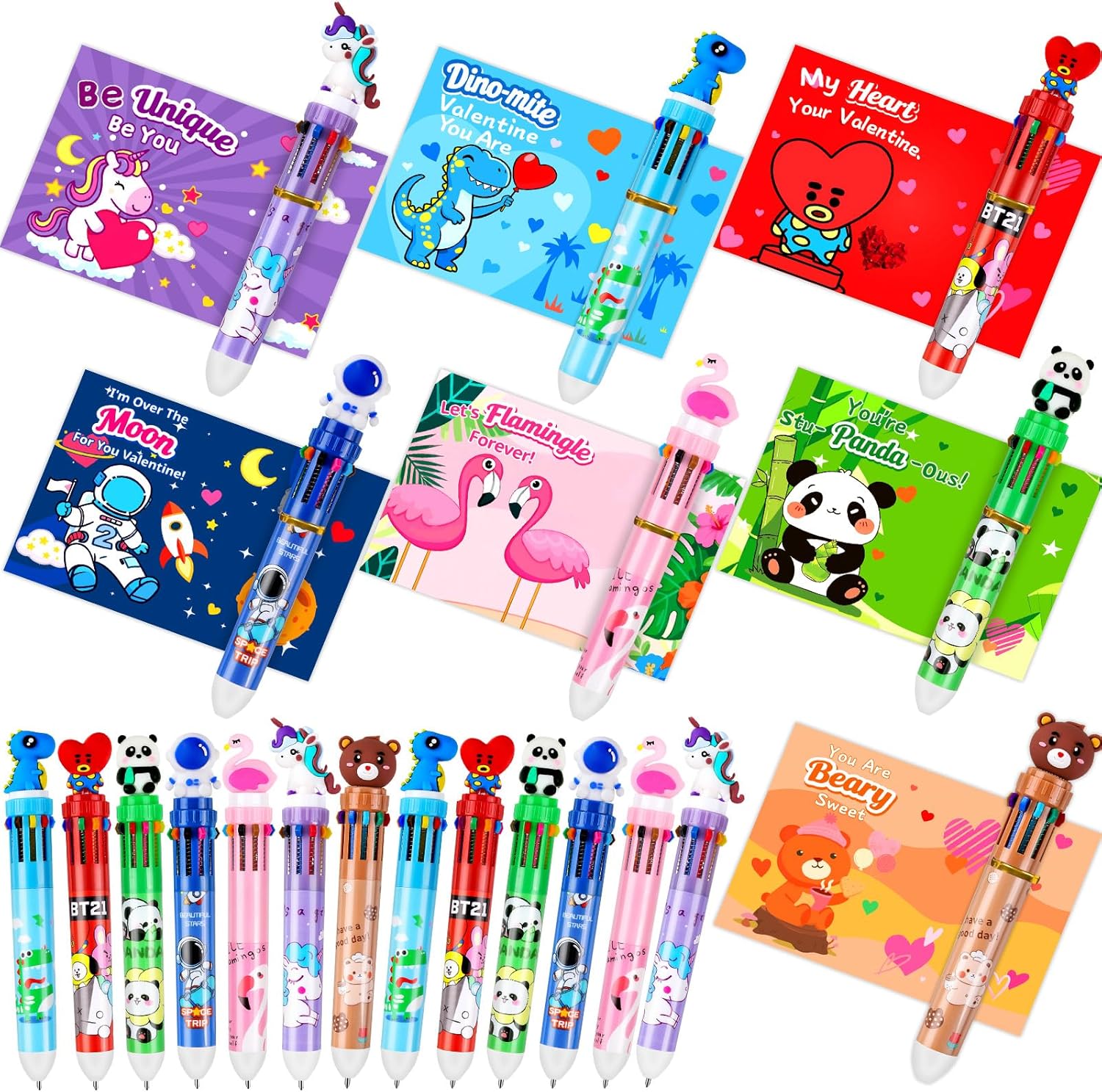 28 Pack Valentines Day Gifts for Kids Classroom Valentine Pens with Valentines Cards for Kids School Exchanges, 10-in-1 Multicolor Ballpoint Pen Rewards Party Favors for Boys Girls