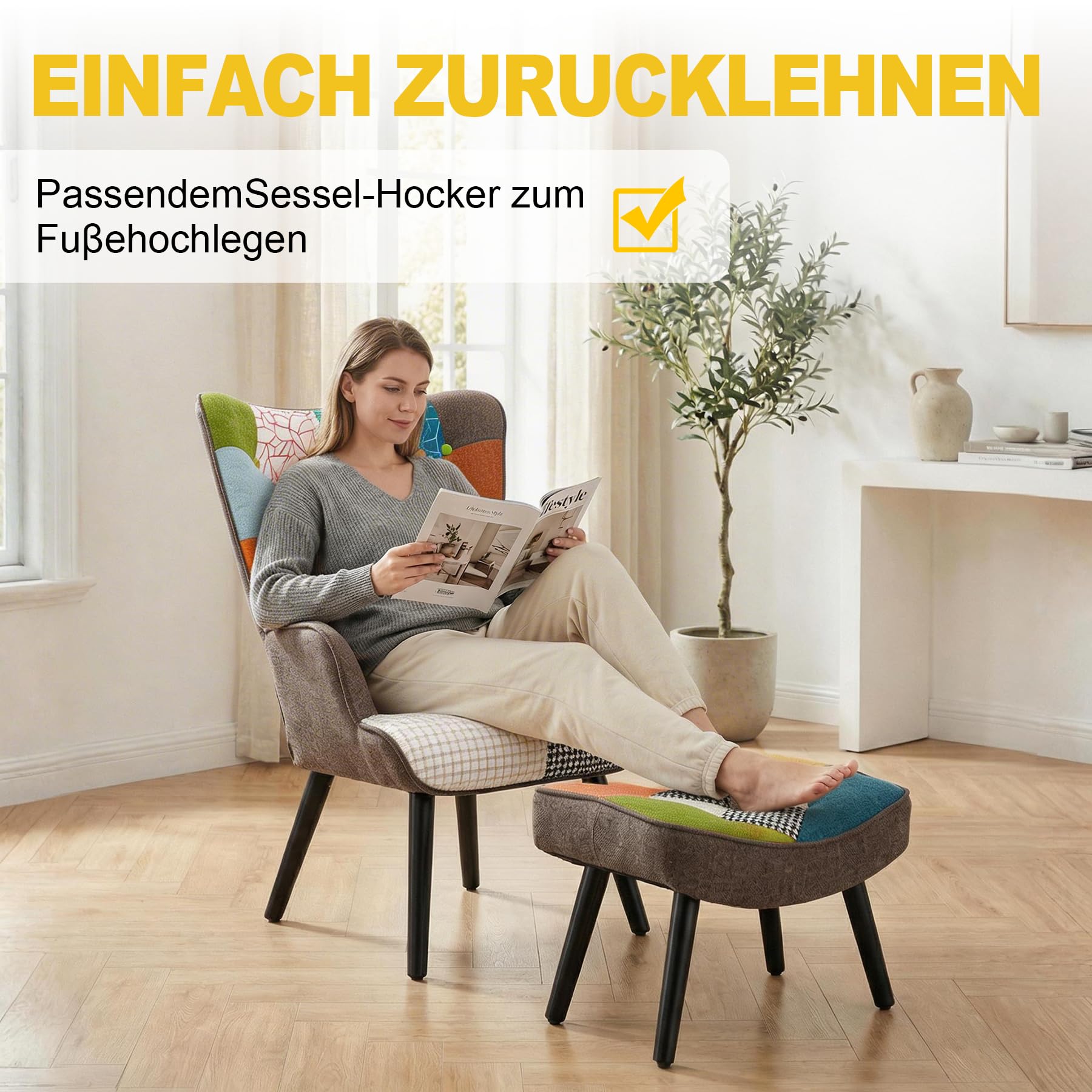 Relaxsessel mit Hocker&Lendenkissen, Patchwork Ohrensessel Orange, Leinen Loungesessel Massivholzfüße, Moderner Sessel für Wohnzimmer Schlafzimmer, Frühjahrsangebot Frühjahrsdekoration
