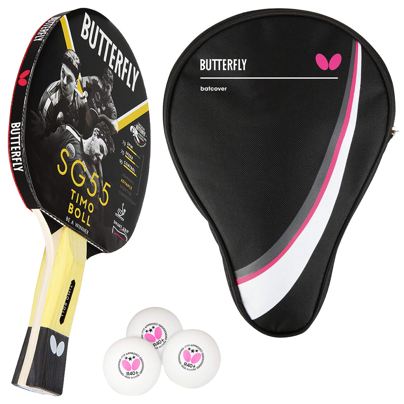 Butterfly® Timo Boll SG55 Tischtennisschläger | Tischtennis Racket Bat Hobby Training | geübte Freizeitspieler | hochwertig | ITTF zertifizierter Pan Asia Belag | anatomische Griffform mit smart.Grip