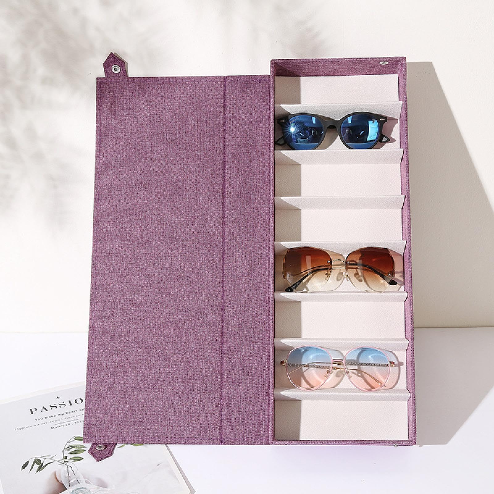 Estuche para Guardar Gafas de Sol, Bandeja Expositora para Gafas, Organizador de Gafas, Soporte de Tela, Material MDF, Ranuras Multiusos, Adecuado Par
