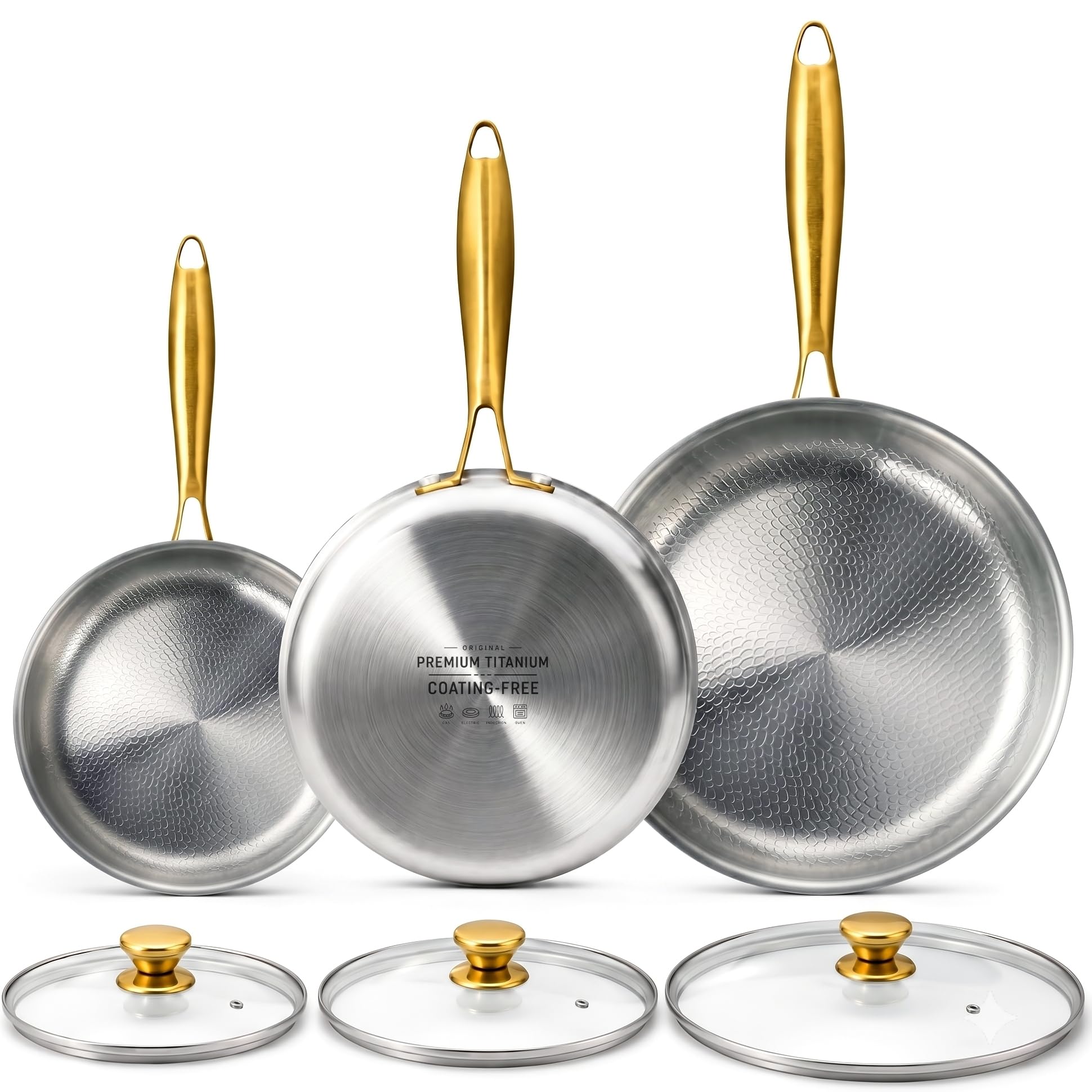 Photo 1 of Sikiilu 8/10/12" Titanium Pans for Cooking | Food-Grade Pure Titanium Frying Pan Set with Lid | PFAS/PFOA/PTFE Free Nonstick Cookware | Dishwasher & Oven Safe, Kitchen Induction Compatible
