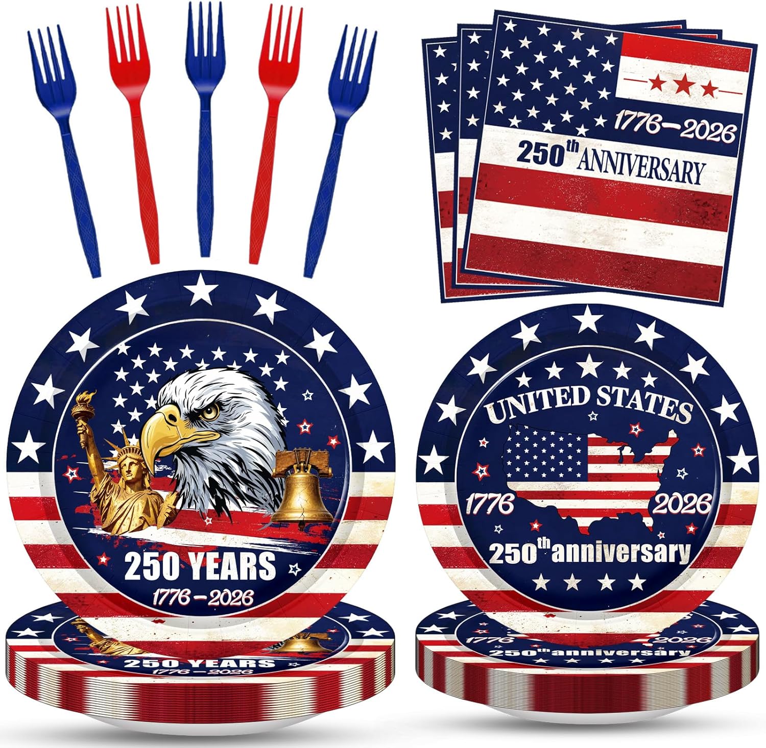 100 Pieces 250th Anniversary Patriotic Tableware Set – Disposable Plates, Napkins, and Forks for 2026 Independence Day, Memorial Day, and Military Family Celebrations, USA-Themed Table Decorations