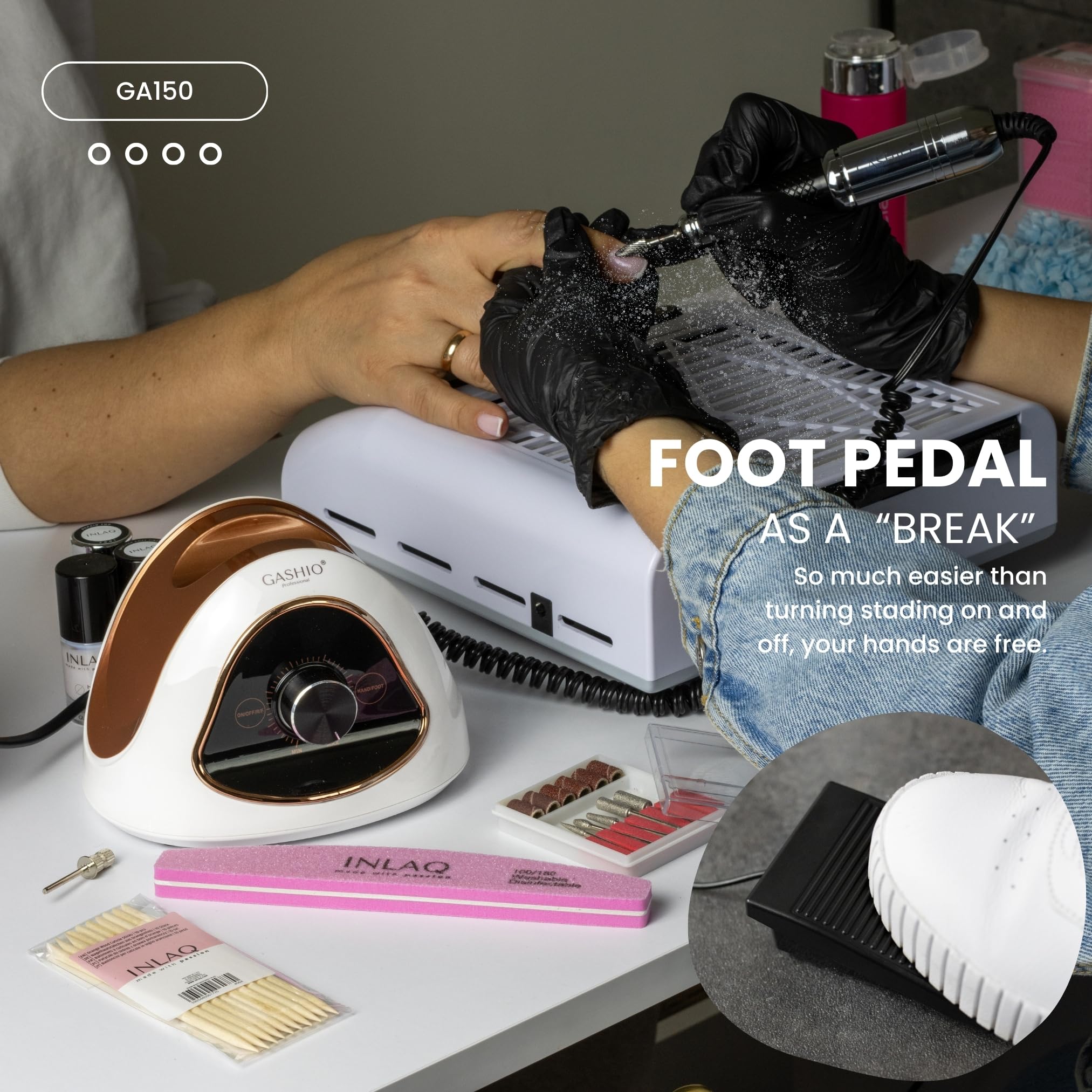 Fresa de uñas para uñas de gel, 68 W, profesional, lima de uñas eléctrica para uñas de gel, 45 000 rpm, con un juego de cortadores de galletas y pedal de pie, manicura y pedicura, juego