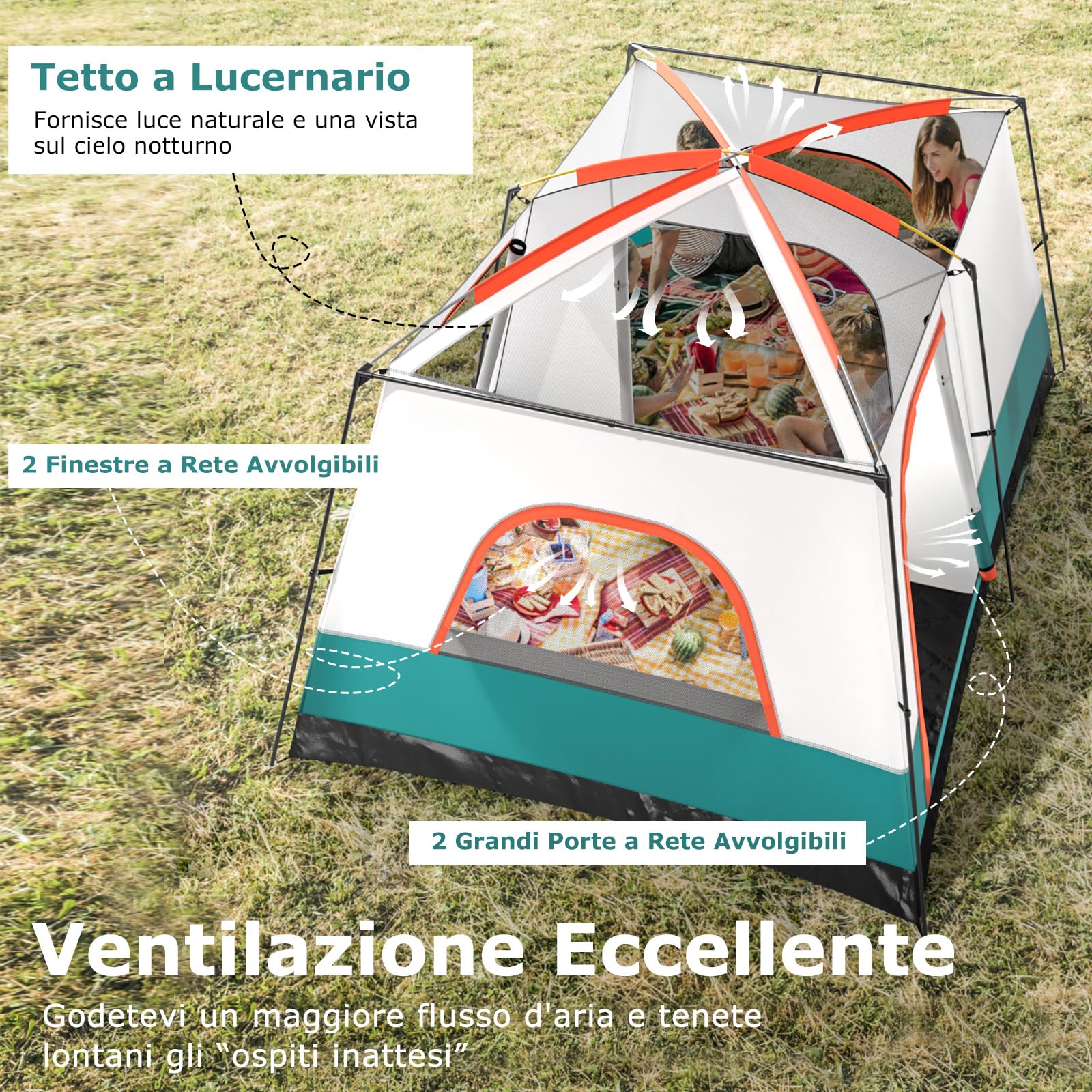 COSTWAY Tenda da Campeggio per 6/8/10 Persone con Veranda, Tenda Familiare con 2 Stanza, 2 Porte, 2 Finestre e Tetto Trasparente,Tendone Impermeabile e Facile da Installare