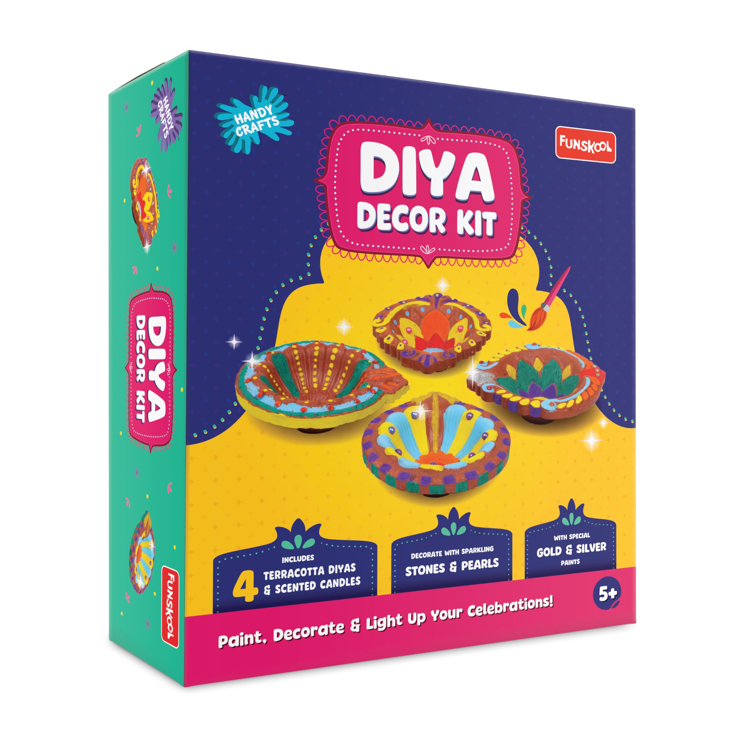 Handycrafts Funskool Diya Decor Kit, DIY Arts & Crafts Activity Set, Paint & Decorate Terracotta Diyas, Mess-Free, Creative STEAM Activity for Boys & Girls, Gift for Kids Ages 5,6,7,8,9+-image-12