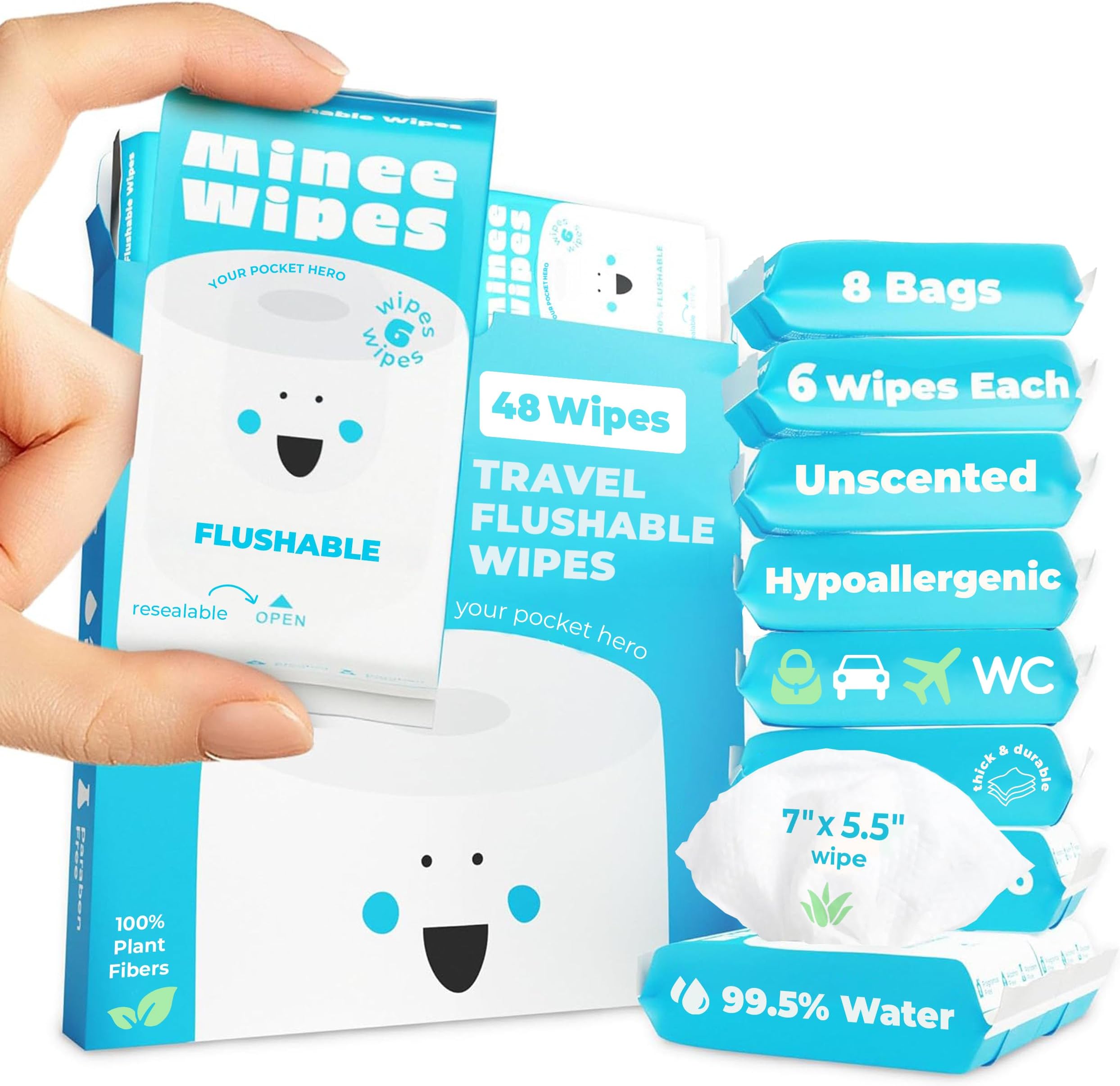 Impossibly Compact Travel Flushable Wipes - 99.5% Water and Aloe - Safe for Sensitive Skin & Hypoallergenic - Travel Essentials for Adults, Kids & Babycare, Unscented, 8 Pack 48 Wipes