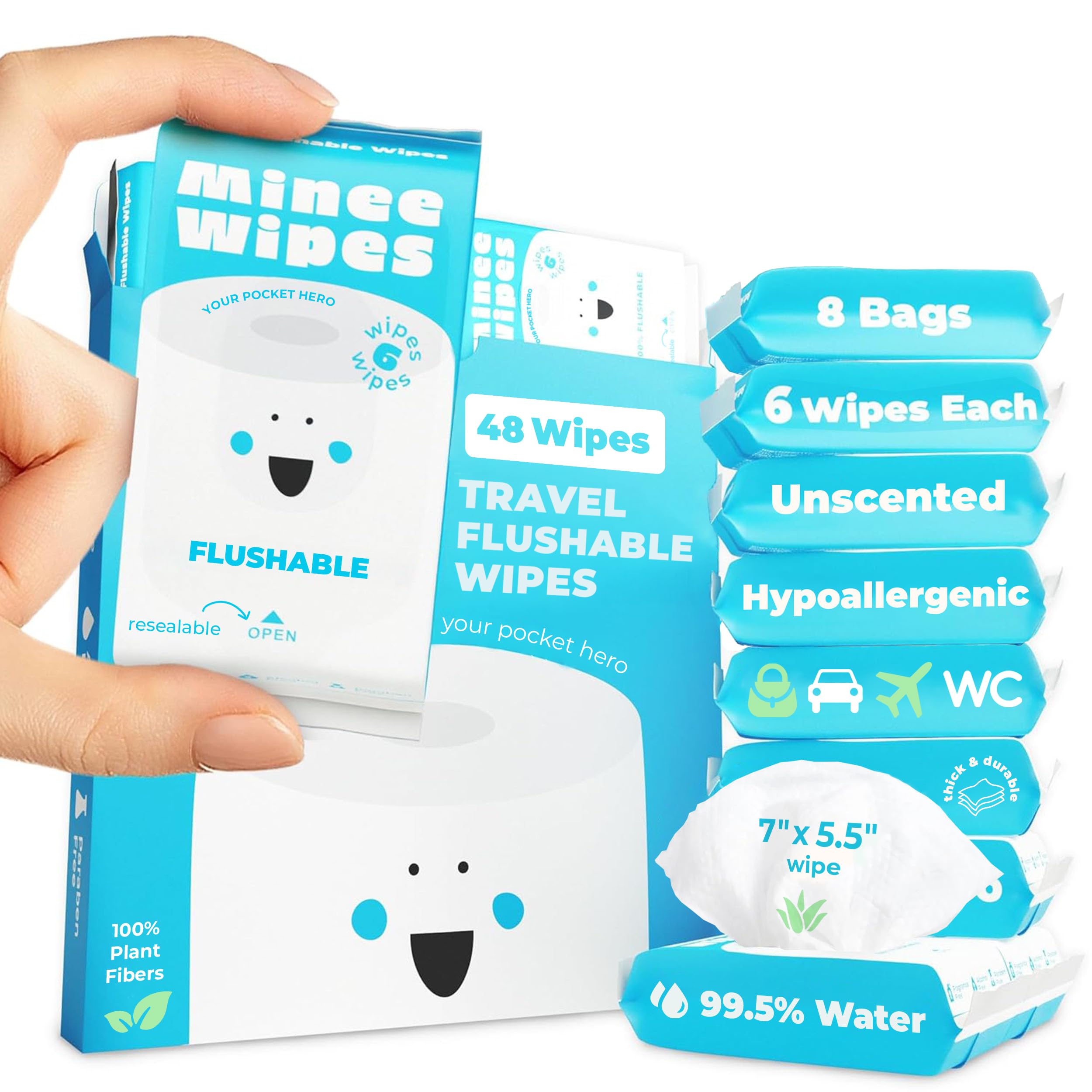 Impossibly Compact Travel Flushable Wipes - 99.5% Water and Aloe - Safe for Sensitive Skin, Hypoallergenic & Unscented - Travel Essentials for Adults, Kids & Baby Care - 8 Pack Total 48 Wipes