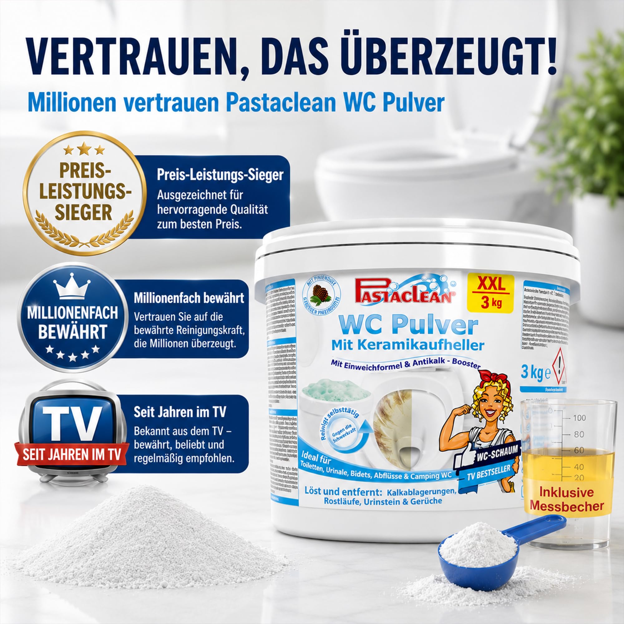 Pastaclean WC Pulver XXL 3 kg – Extra starker WC-Reiniger & Urinsteinentferner mit Pinienöl – Keramikaufheller & Bleaching-Effekt – Kalkreiniger & WC-Schaum gegen Urinstein, Kalk & Ablagerungen