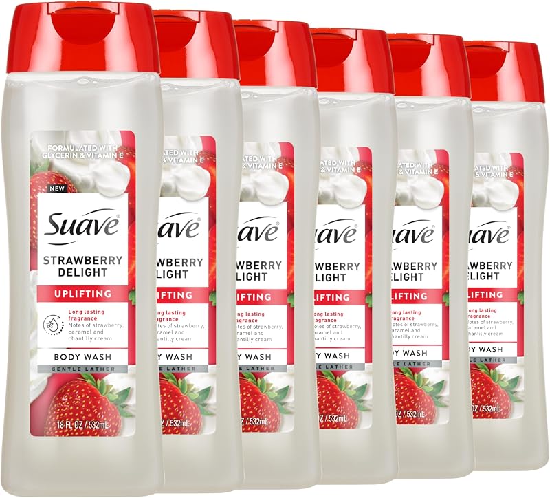 Suave Strawberry Delight Uplifting Body Wash, Formulated with Glycerin and Vitamin E for Hydrating and Gently Cleansing Skin, 18 FL OZ, 6 Pack