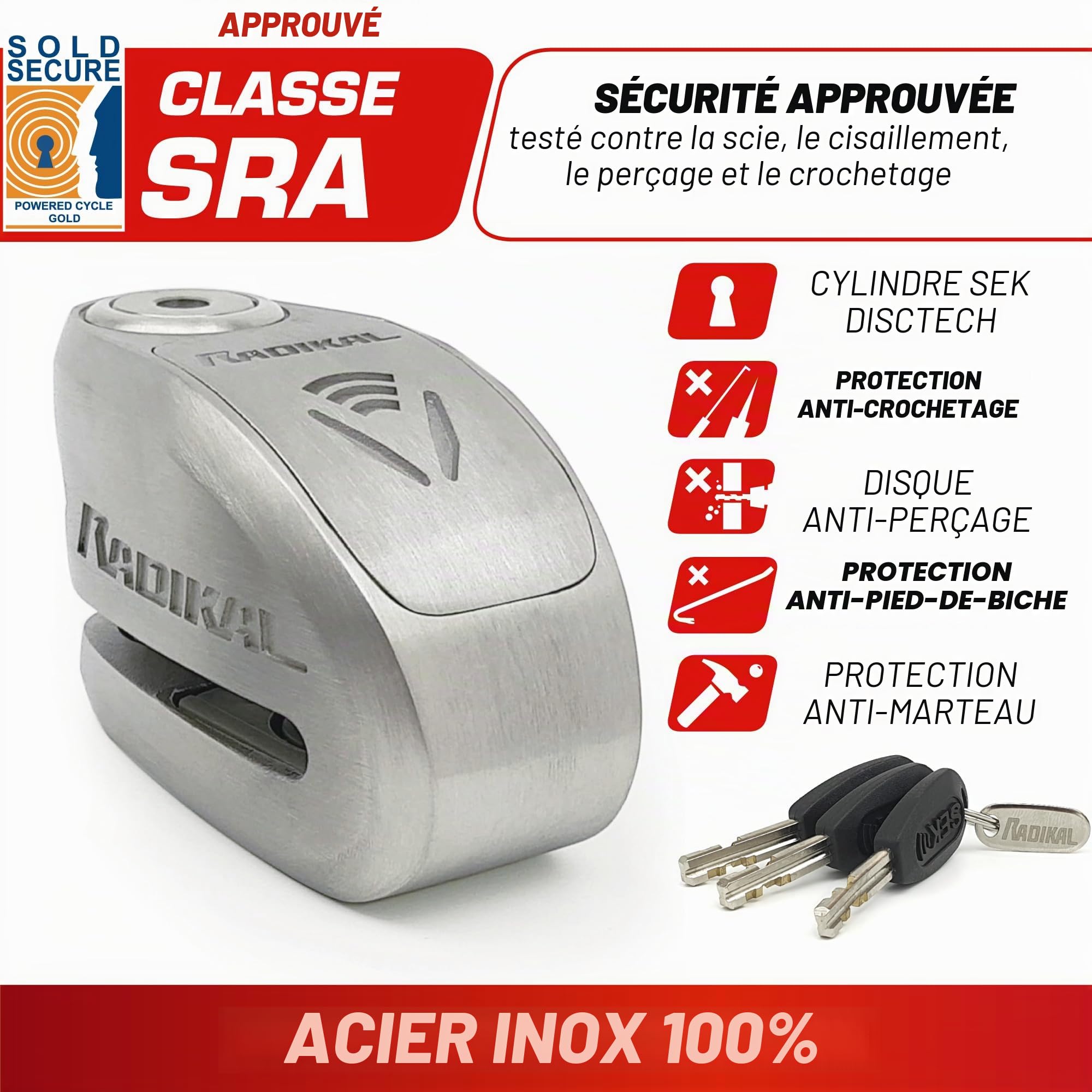 RADIKAL RK910S Antivol Moto Homologué SRA, Bloque Disque Alarme Premium X2-ON, Serrure Haute Sécurité Anti-Perçage Anti-Crochetage, Double Verrouillage 10mm, Bloc Acier Inox Anti Vol pour Moto Scooter