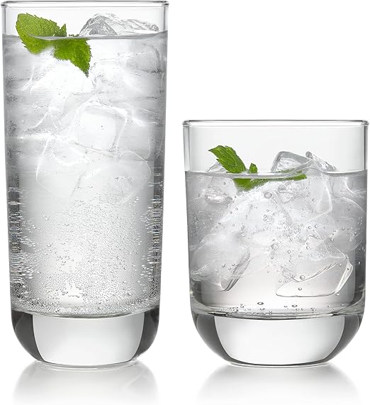 Libbey Polaris Tumbler and Rocks Glass Set, Clear Drinkware Glasses Set, Short and Tall Water Glasses with Modern Clean Lines, Dishwasher Safe Drinking Glasses Set of 16