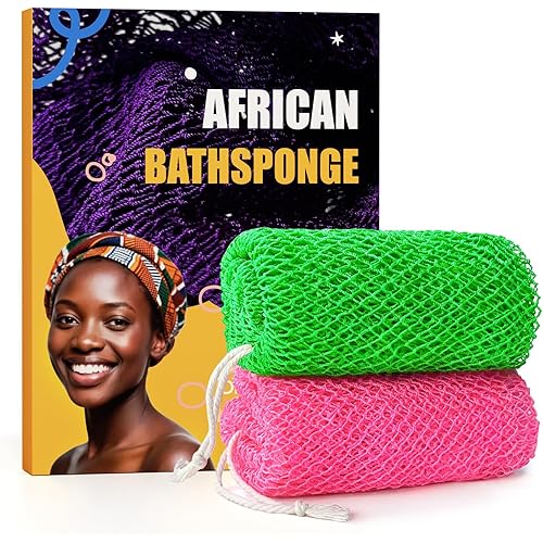 2 Pieces African Net Sponge Authentic, Durable Back Scrubber Washcloth for Shower, Exfoliating Net Sponge for All Skin, Bathing Accessories for Women (Pink and Green)