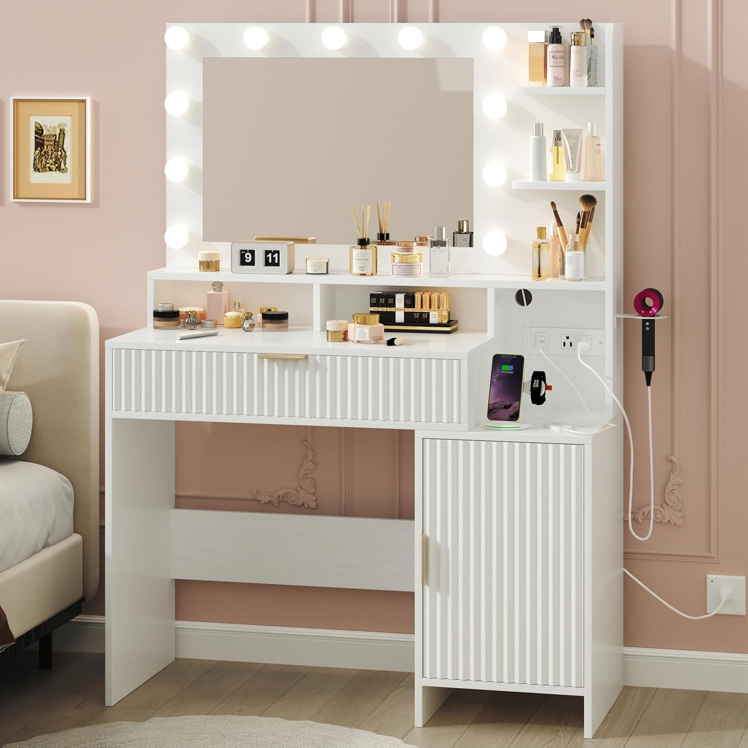 Vanity Table with 3-Color Dimmable LED Lights and Mirror, Fluted Makeup Desk with Charging Station & Power Outlet, Large Storage Cabinet & Drawer for Bedroom, Anti-Tip Safety, White