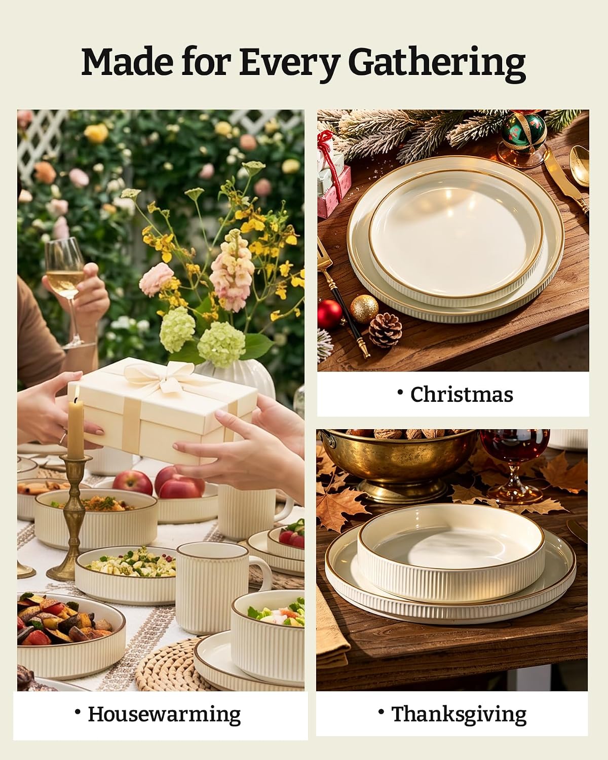 Famiware Stoneware Dinnerware Sets with Pasta Bowls, Rimmed Dishes for 6