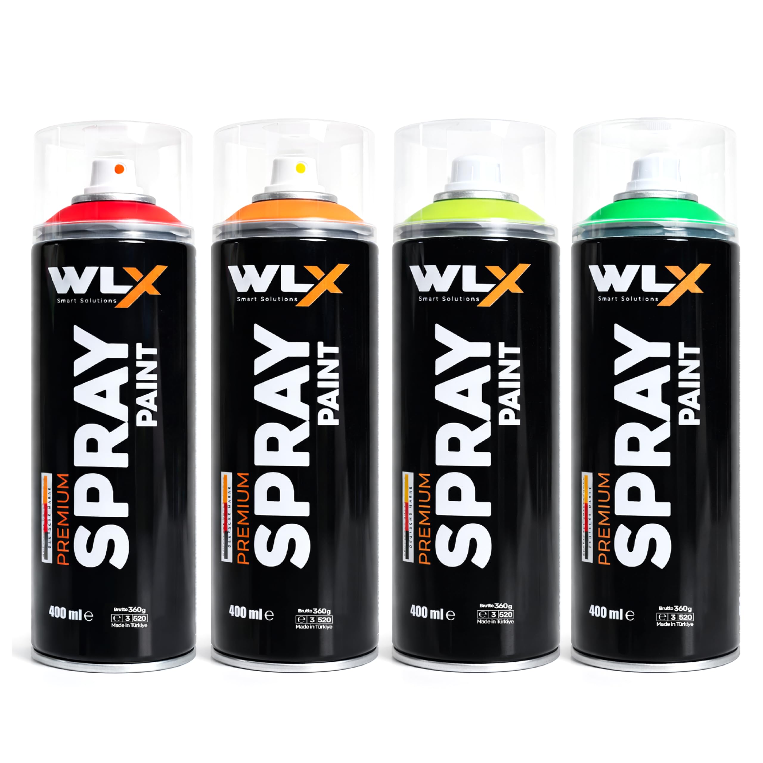 WLX Zestaw farb neonowych w sprayu, 4 kolory po 400 ml, wysoce widoczne, szybkoschnące farby fluorescencyjne do drewna, metalu, kamienia i szkła