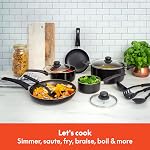 BELLA Cookware Set, 12 Piece Pots and Pans with Utensils, Nonstick PFOA Free Scratch Resistant Cooking Surface Compatible with All Stoves, Nylon and Aluminum, Black