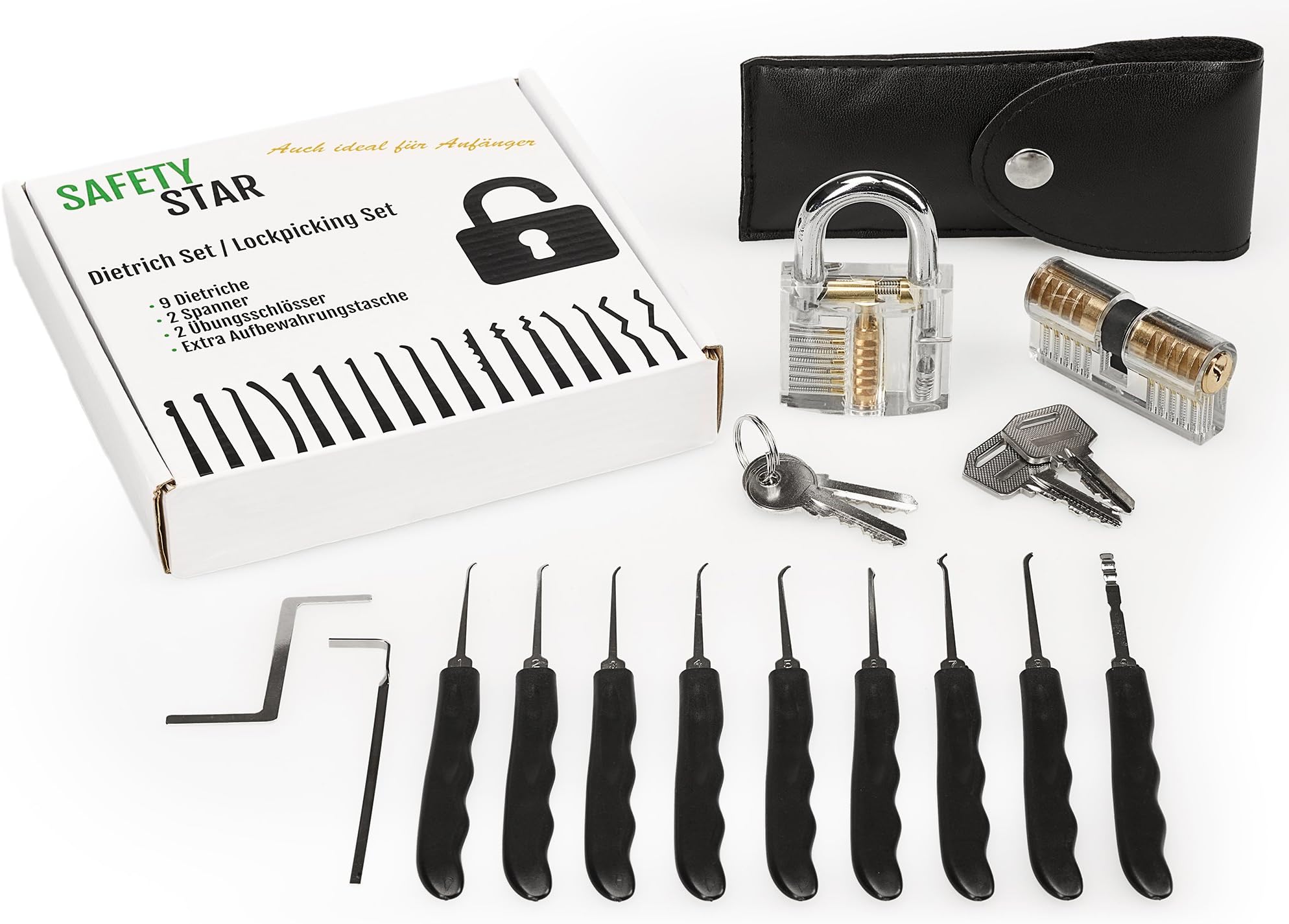 SAFETY STAR Lock Pick Set with transparent padlock and practise door lock with keys + 9 lock picks + 2 tension wrenches + Leather tool kit case + Instruction