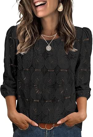 Sampeel Women's Dressy Casual 3/4 Sleeve Eyelet Lace Blouse