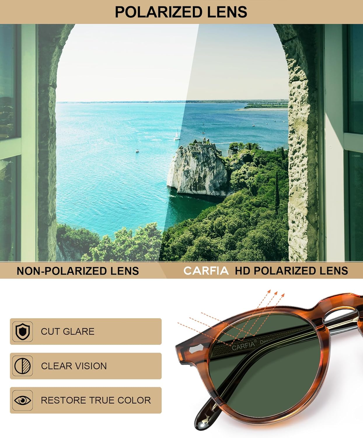 CARFIA Retro Acetate Polarized Sunglasses for Men UV Protection, Vintage Round Frame Eyewear with Gold Filigree CA5506 - Image 9