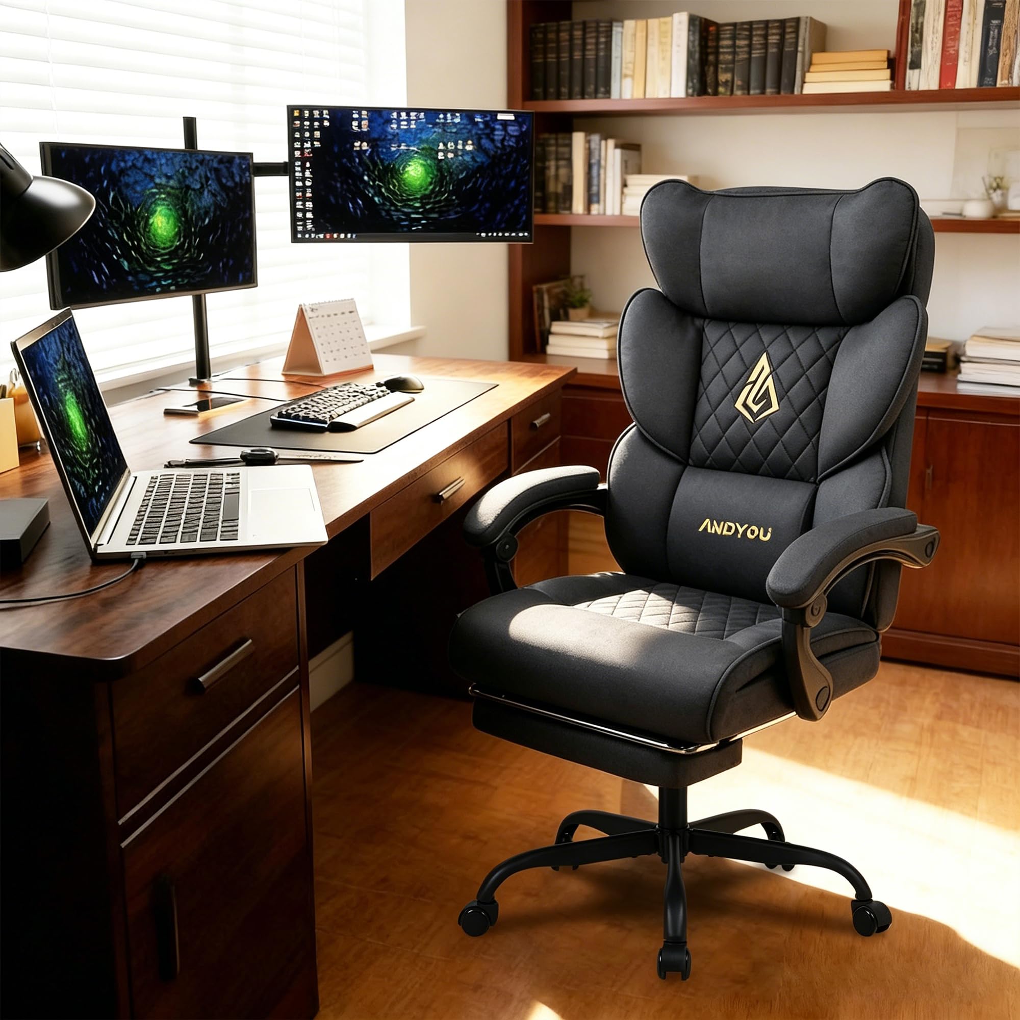 Andyou Gaming Stuhl mit Fußstütze–ergonomischer Bürostuhl, Rückenlehne 90–155°mit verbundenen Armlehnen, Suède-Bezug, Federsitzkissen, Schreibtischstuhl, belastbar bis 150 kg, grau