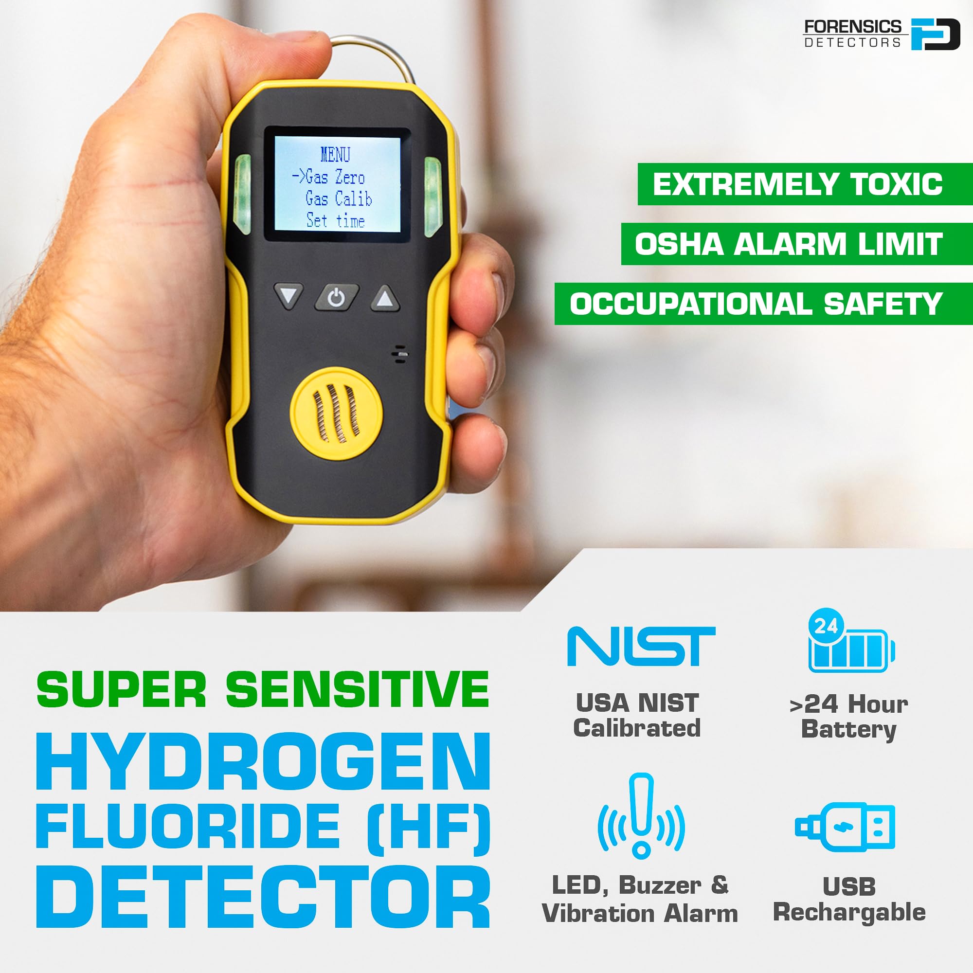 Detector de Gas Fluoruro de Hidrógeno | Certificado de Calibración EU | Recarga USB | Alarmas Ajustables | 0–10 ppm HF