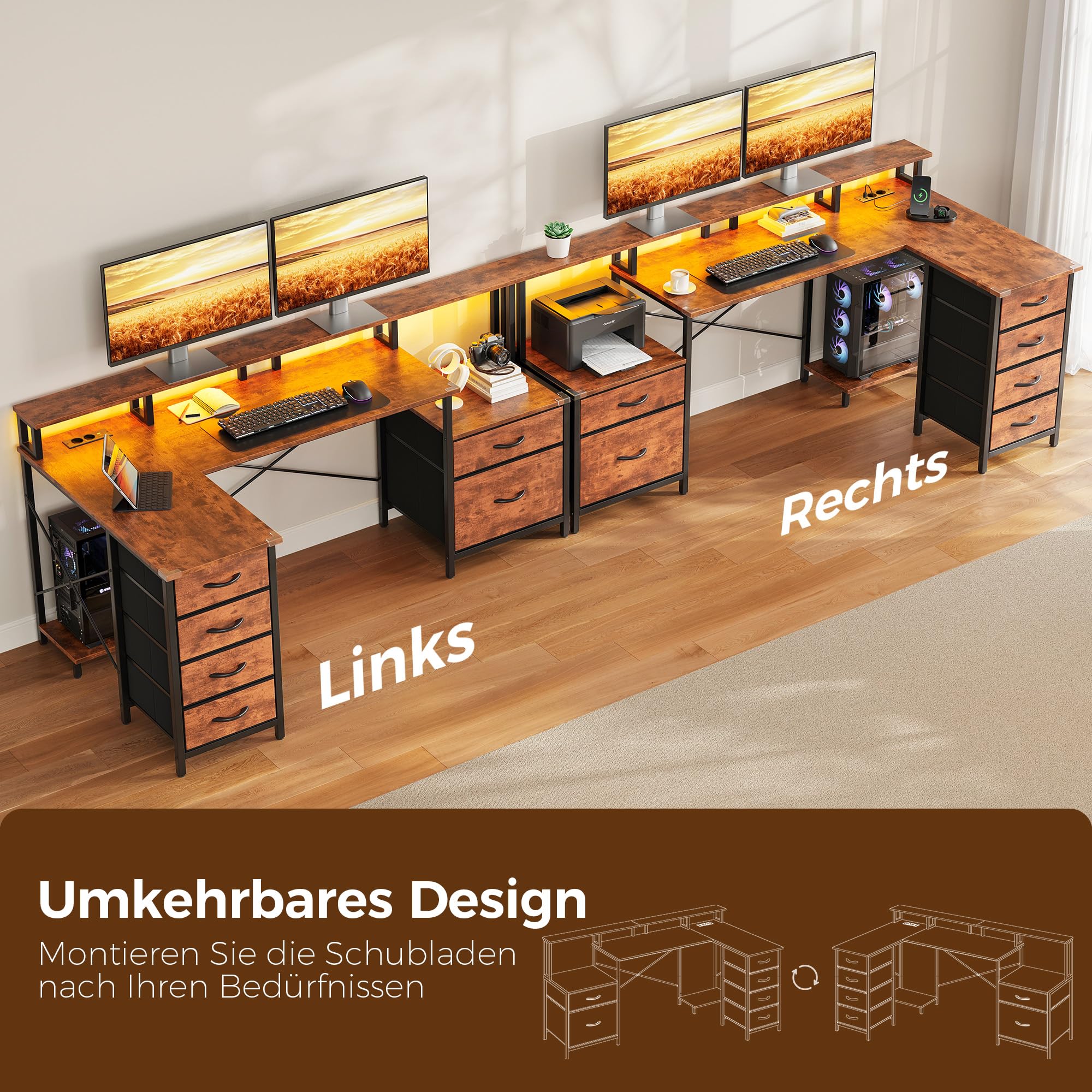 IRONCK Schreibtisch L Form Gaming Tisch mit LED & Steckdosen 2AC+1USB+1C, 189x100cm Eckschreibtisch mit 6 Schubladen&Monitorständer, Reversible Computertisch mit Stauraum für Home Office Vintage-braun