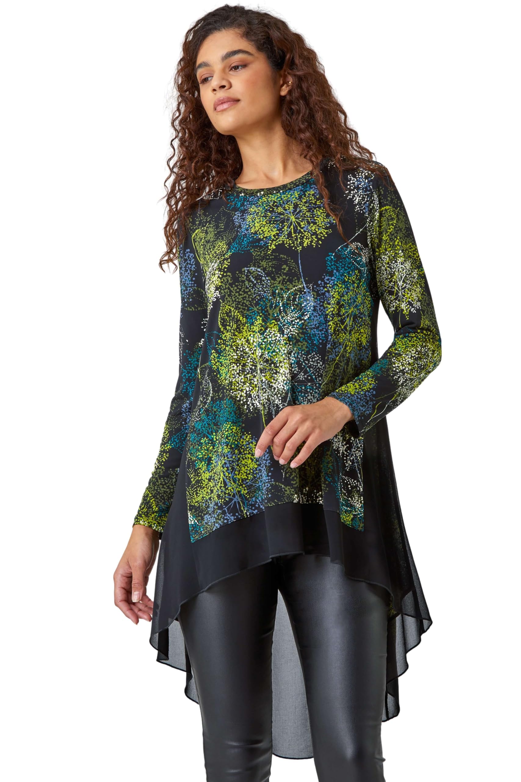 Roman Originals Floral Print Chiffon Hem Stretch Top for Women UK - Ladies Everyday Autumn Winter Round Neckline Comfy Soft Evening Vacation Work Party Night Out